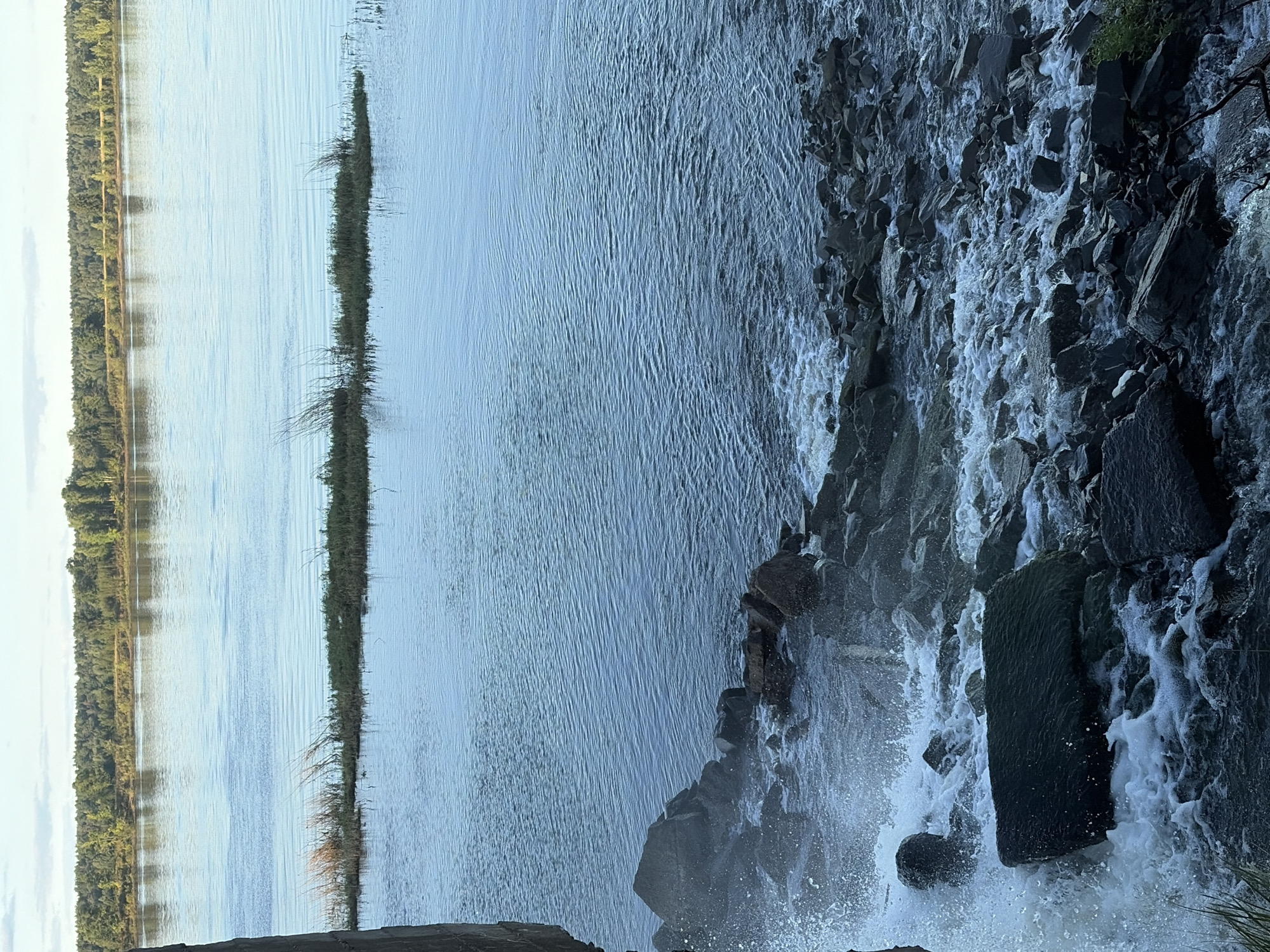 This is a vertical, eye-level, medium-shot photograph of a natural body of water, likely a river, with a rocky shoreline in the foreground. The water is a deep blue, with small ripples on the surface. There is a distinct line of vegetation in the middle ground, appearing as a small island or shoal covered in grass and reeds. The background features a dense line of trees, forming a forest that stretches across the horizon under a pale, overcast sky. On the left side of the frame, a dark, vertical structure, possibly a rock formation or man-made object, juts into the scene. In the immediate foreground, white foam and splashing water indicate a cascade or rapid flow over submerged rocks. The rocks themselves are dark grey and irregular in shape, some covered with green moss. The scene appears to be a natural landscape, potentially a park or protected area, in the vicinity of Chernushka, Russia. No people or animals are visible in the photograph.