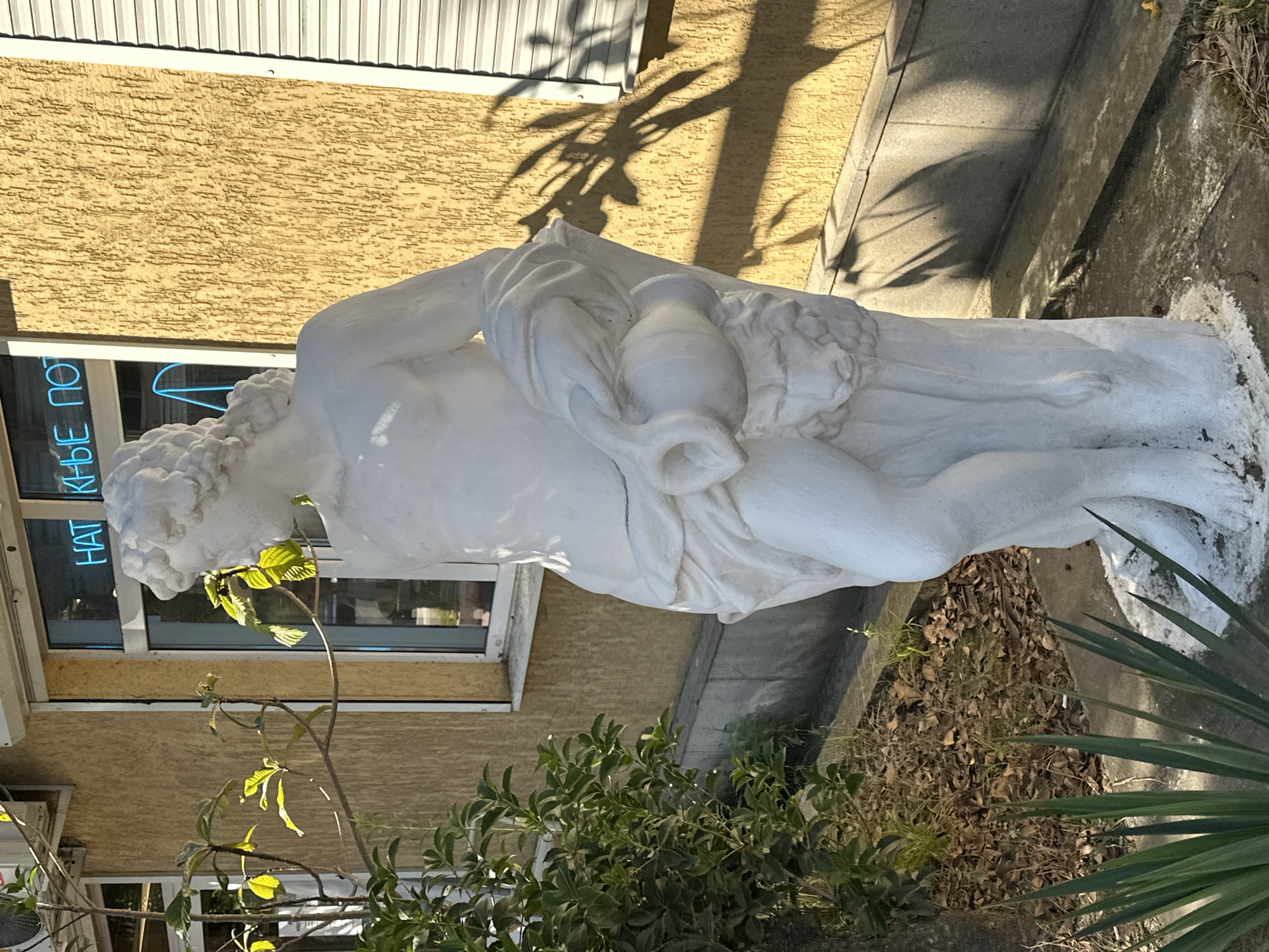 A white plaster statue of a classical figure, possibly a god or hero, stands in front of a yellow, stucco-textured building with a window. The statue depicts a nude male figure with curly hair, draped in a cloth. He holds a jug or amphora in his left arm, and a lion's head motif is visible on the pedestal at his feet. The building has a shuttered window to the right of the main window, and a neon sign with blue Cyrillic lettering is visible in the main window. In the foreground, there are plants, including a spiky succulent and a leafy shrub, along with fallen leaves and dry grass. The ground is paved with concrete. The overall setting suggests an outdoor area in front of a commercial establishment. The image is taken in Sochi, Russia, at the cafe "Natkye Poteri" located on Kurortny Prospekt.
