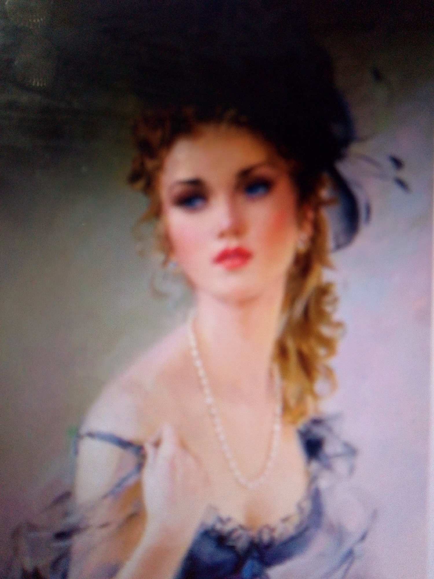 A blurred, medium shot portrait depicts a woman wearing a dark hat and a pearl necklace. Her hair is styled in loose curls. She is looking to her left, and her mouth is slightly open. She is wearing a blue garment. The background is a gradient of muted colors.