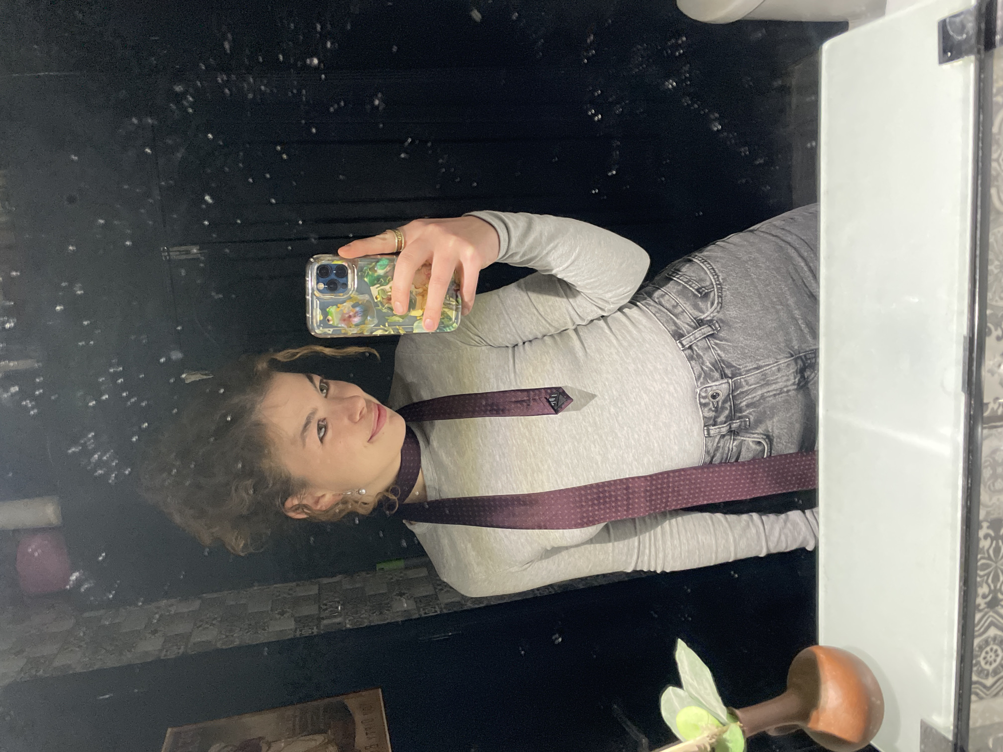 A woman is taking a selfie in a bathroom mirror. She has curly brown hair, fair skin, and is wearing a long-sleeved grey top, grey jeans, and a purple tie. She is holding a smartphone with a clear floral case in her right hand. The bathroom has dark walls with what appears to be water droplets on the mirror surface. The bottom of the mirror shows part of a vase with green leaves. Part of a white countertop and decorated tile are visible on the right. A framed picture is seen at the bottom left. Based on the architecture and style, this bathroom could potentially be located in Tbilisi, Georgia. However, this cannot be confirmed without further information.