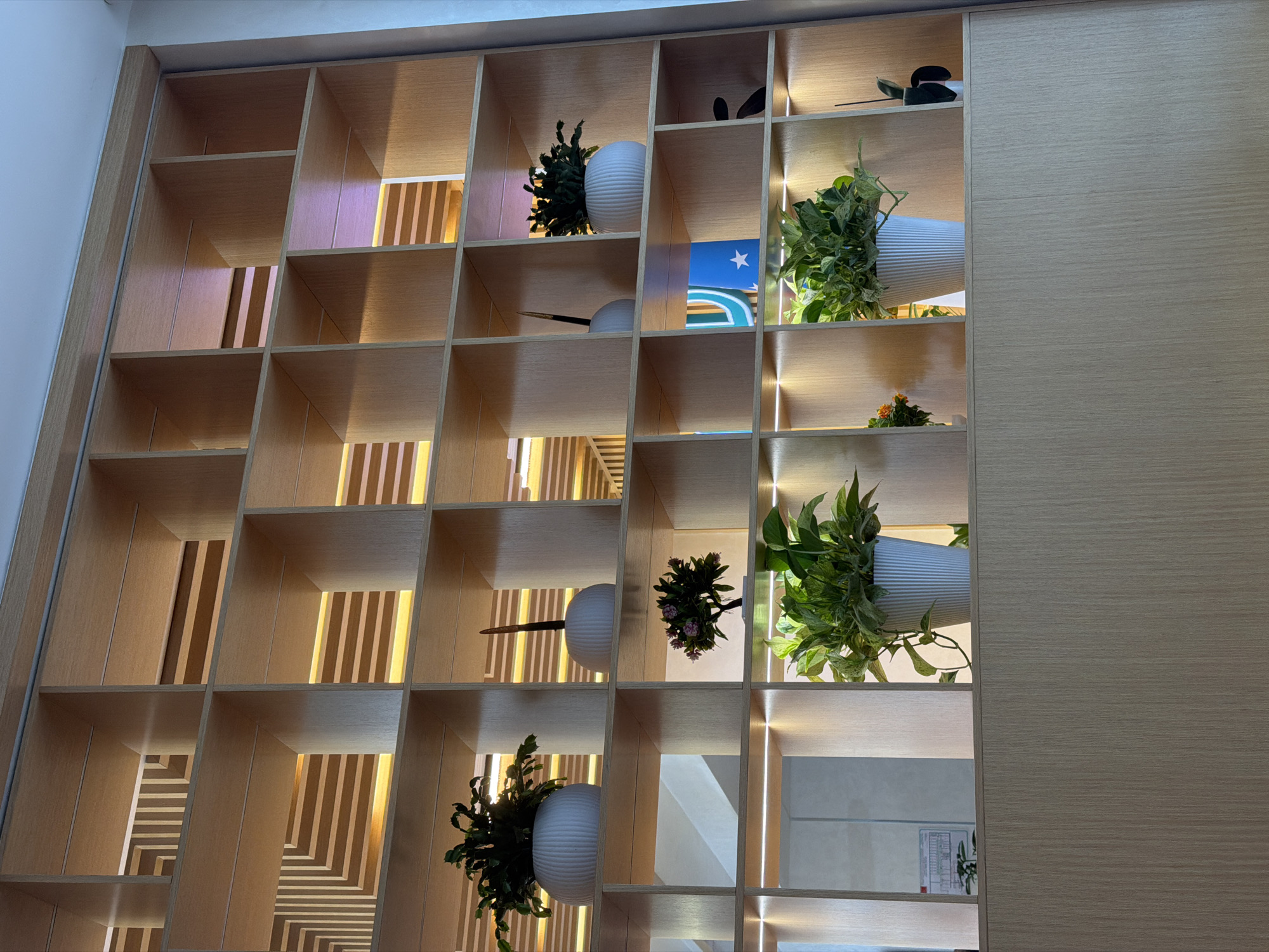 The image displays a modern wooden shelf unit filled with various potted plants and decorative items. The shelf unit has numerous cubbies, some of which are illuminated from behind with warm lighting. Several plants, including greenery and a small flowering plant, are arranged in white ribbed pots. There are also some abstract decorative objects, including a white spherical vase with a dark slender object protruding from it, and a blue flag with a white star. The shelf unit appears to be a partition or a decorative wall element in an indoor setting, possibly a commercial space or a modern home. The context of Tashkent, Uzbekistan is not visually evident in the provided image.