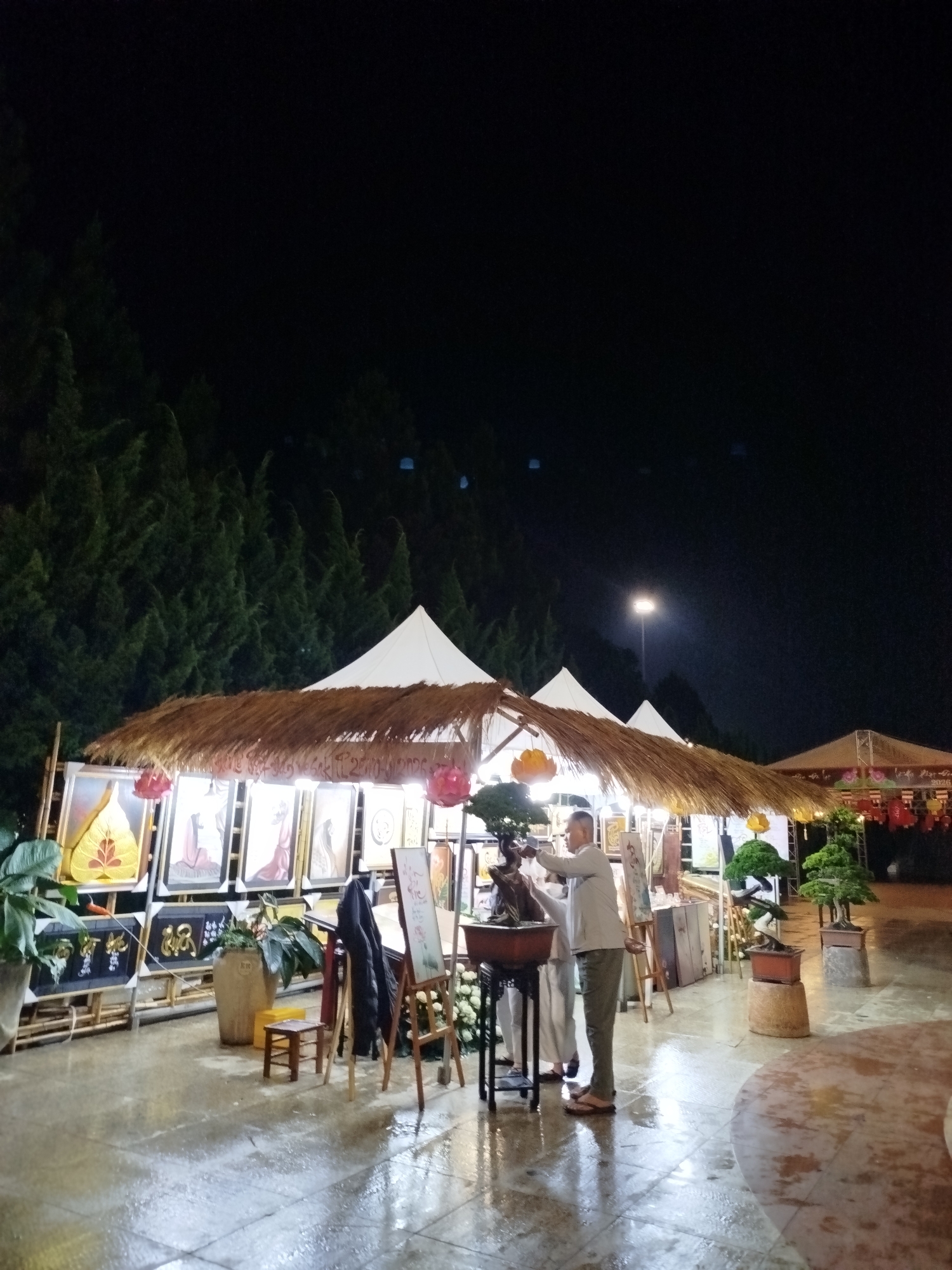 The image shows a nighttime scene at a street market in Da Lat, Vietnam. In the foreground is a wet, reflective tiled floor. Two men stand next to a table, one appearing to be tending to a bonsai tree. Behind them is a vendor stall constructed of bamboo, covered with a thatched roof decorated with hanging lanterns. The stall is displaying paintings and potted plants. Further back, trees line the scene’s perimeter, and streetlights illuminate white, peaked tents further down the road.