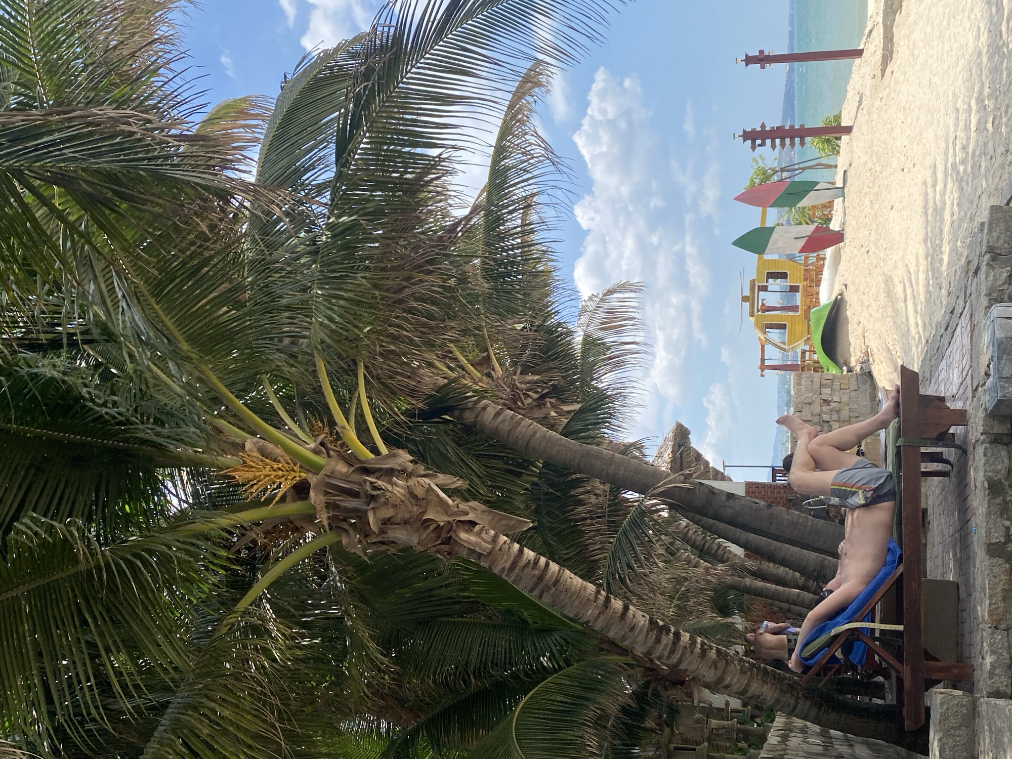 This image depicts a sunny beach scene in Phu Thuy Ward, Vietnam, likely at a resort or beachside establishment. The foreground is dominated by palm trees with lush green fronds casting shadows on the sandy ground and a person relaxing on a lounge chair. The person, appearing to be male, is lying on his back on a wooden lounge chair with a blue towel and a green pad. He is wearing gray and black swim shorts and his eyes are closed.
Further back, the beach stretches out towards the ocean under a bright blue sky dotted with white clouds. To the right, there are two surfboards propped up, one decorated with the colors of the Italian flag (green, white, red) and the other with green and red stripes. Behind the surfboards is a small yellow and red structure that resembles a helicopter, possibly a decorative element or part of a play area. A red directional signpost stands nearby. In the background, the ocean is visible, with a hazy coastline in the distance. The overall impression is one of a relaxed, tropical vacation setting.