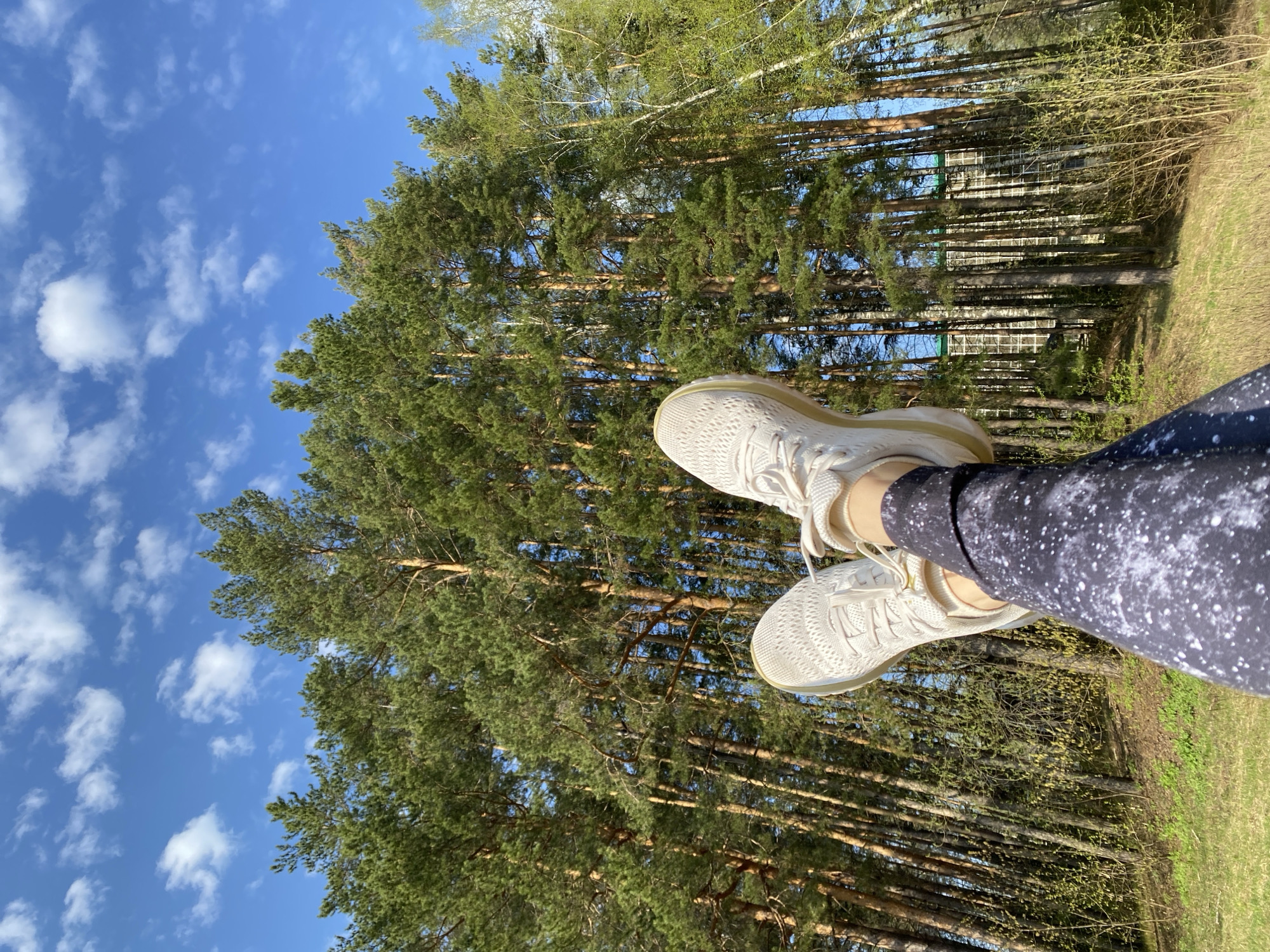 A first-person perspective image shows a pair of white sneakers and the legs of a person wearing speckled black and white leggings. The feet are seemingly suspended in the air against a backdrop of tall, thin trees, with green foliage at the top and slender trunks creating a dense forest. Patches of green grass are visible on the right. The sky is blue with scattered white clouds. The image was taken during daylight hours. The location is in the city of Chaikovsky, Russia.