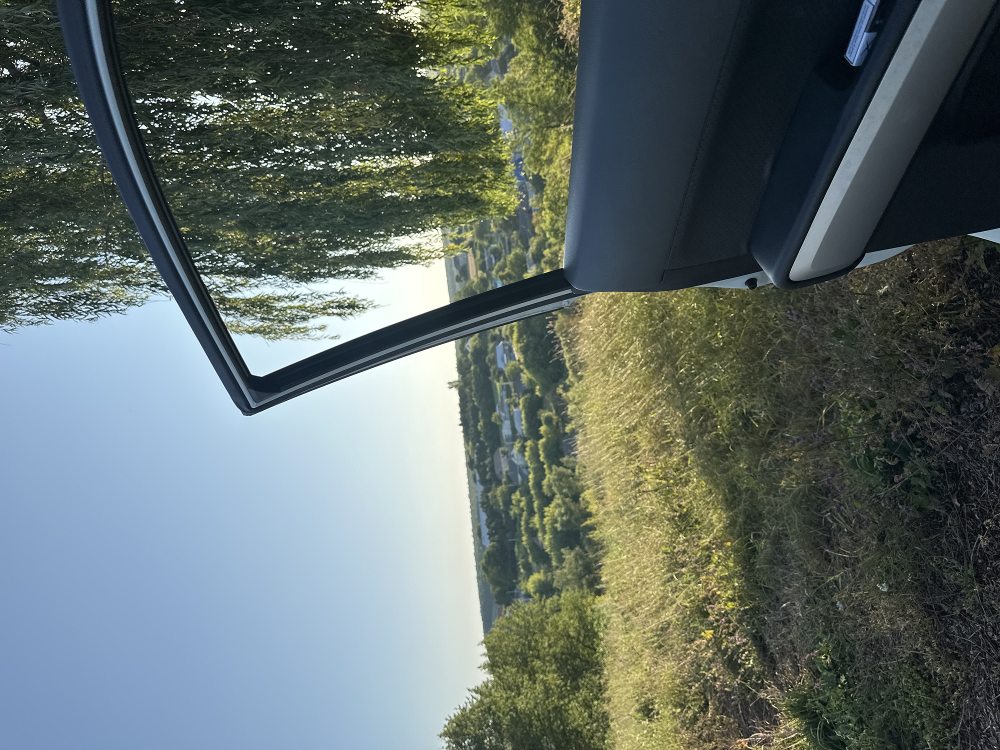 The image captures a view from an open car door, looking out over a rural landscape at sunset. The foreground shows tall, dry grass and some scattered wildflowers, illuminated by the warm light of the setting sun. The car door, partially visible on the right, is dark gray with a silver accent.
Beyond the grassy hill, a village or town is nestled in the valley. Houses with red and blue roofs are visible amongst lush green trees and vegetation. The sky is a clear, pale blue, transitioning to a lighter hue near the horizon where the sun is setting, casting a gentle glow over the scene. In the upper right corner, the drooping branches of a willow tree hang over the car door, adding a touch of natural beauty to the composition.
The overall impression is one of peaceful contemplation, perhaps a moment of pause during a road trip in the countryside near Makiv, Ukraine. There are no people visible in the image, and no specific actions or interactions are depicted. The environment is natural and serene, with hints of human habitation in the distant village.