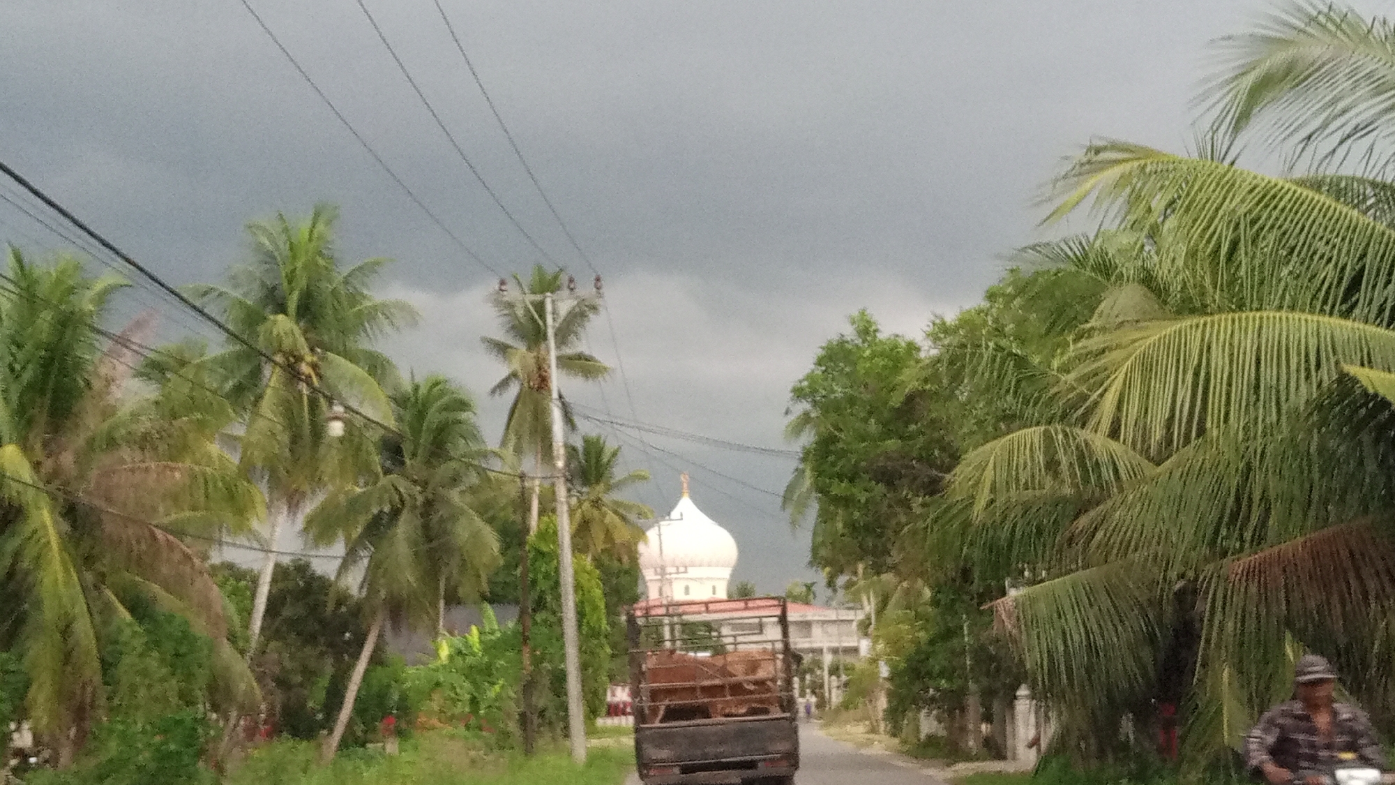 The image captures a view of a road in Pantebaroglesiblah, Indonesia, under a cloudy sky. On the right side of the road, a person is riding a motorcycle. In the foreground, several coconut trees line the road, some with coconuts visible. In the mid-ground, a truck is driving away from the camera, carrying what appears to be livestock. Further in the distance, a prominent white dome structure, likely a mosque, is visible. The road is paved and appears to be a rural or semi-urban setting, with dense foliage and trees on both sides. Power lines are strung across the scene.