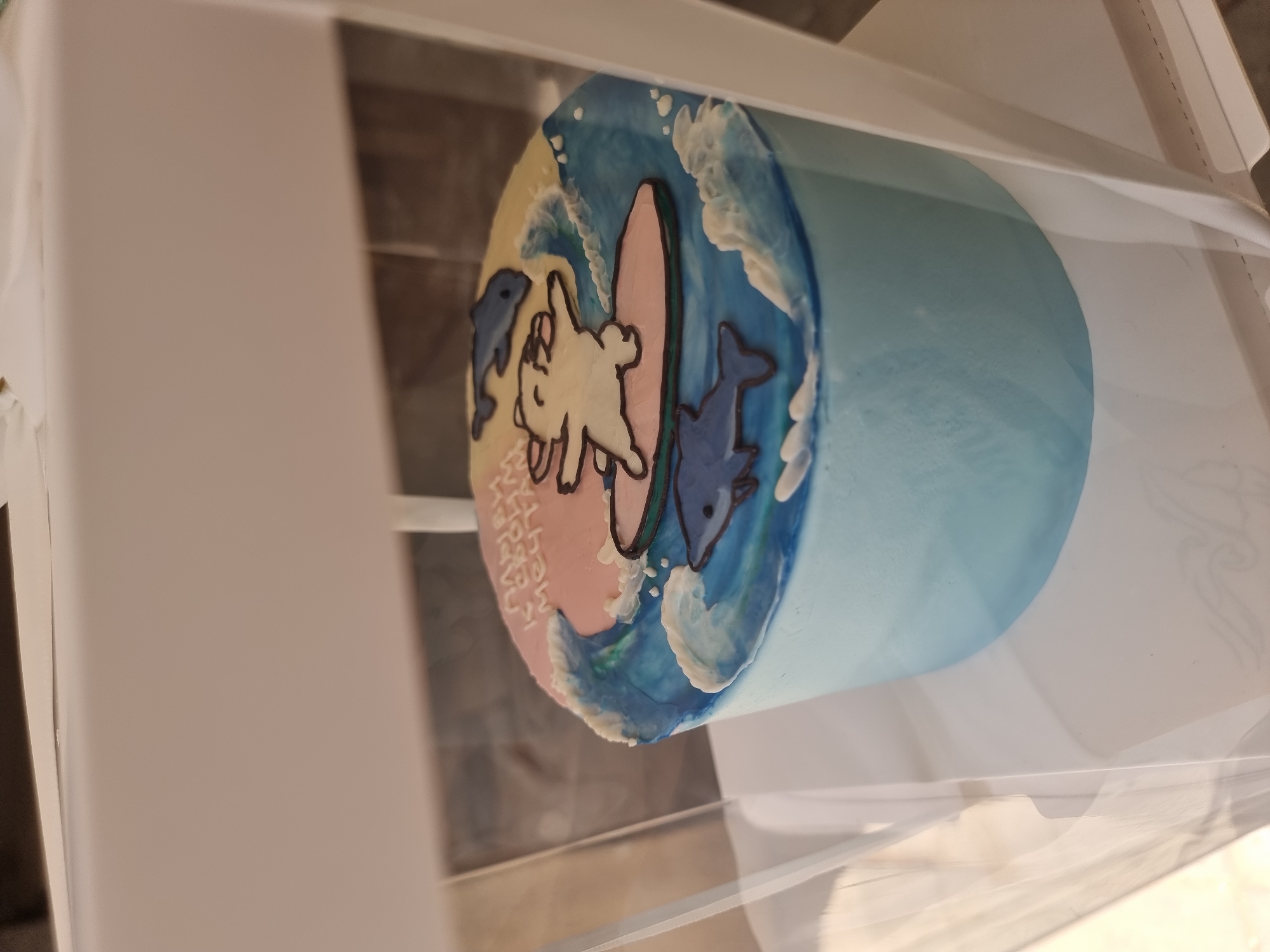 The image shows a round cake inside a clear, rectangular box. The cake is decorated with a blue and white wave pattern around the sides. On the top of the cake, there are cartoon-like depictions of dolphins and a dog or bear on a surfboard. The cake also has writing on the side, possibly a name or message, but it's partially obscured. The cake appears to be resting on a counter or surface. It's unclear whether this is taken in Tel Aviv, Israel based on the image.