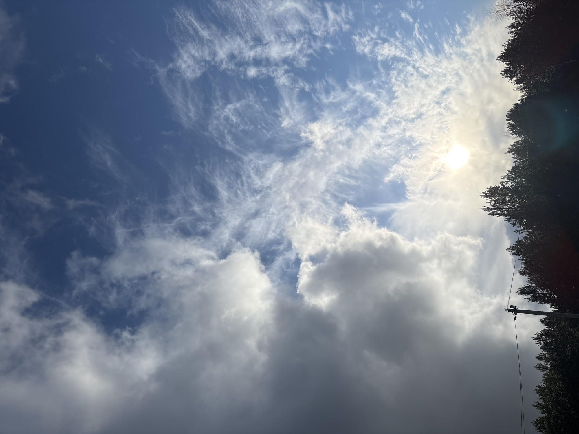 The image captures a dynamic sky scene, predominantly composed of blue sky and various cloud formations. In the upper left and central portions, wispy, high-altitude clouds, resembling cirrus or cirrocumulus, streak across the deep blue. Below these, and extending across the lower half and right side of the frame, are denser, more voluminous cumulus-like clouds. Some of these lower clouds appear bright and illuminated, while others, particularly towards the bottom right, are darker and cast shadows, suggesting thickness or being backlit.
The sun is prominently featured in the upper right quadrant, shining brightly through or behind clouds, creating a strong lens flare effect and illuminating the surrounding clouds. Along the far right edge of the image, the dark, dense foliage of coniferous trees (possibly spruce or fir) is visible, silhouetted against the bright sky. A utility pole or similar slender structure with attached wires or cables can be seen emerging from behind these trees, featuring a small box-like component near its top.
The time of day appears to be daytime, likely late morning or afternoon, given the sun's position and intensity. The weather is partly cloudy, with both clear sky and significant cloud cover. There is no discernible activity taking place, as it is a static landscape shot. No text is visible in the image. The scene offers a view of a bright, yet cloud-filled, sky in what appears to be an outdoor, possibly semi-rural or suburban setting, consistent with the provided location context of Русский Вожой, Russia.