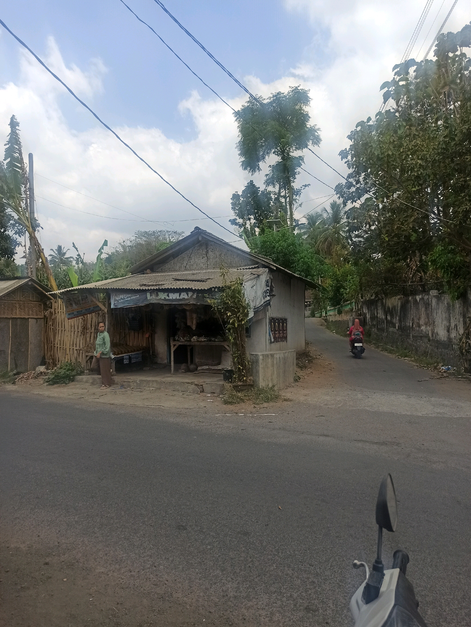 A roadside scene in Tlogosari, Indonesia captures a small, open-fronted shop. The shop has a corrugated metal roof and a structure made of bamboo and concrete. A woman in a green shirt and brown skirt stands on the sidewalk in front of the shop, looking towards the camera. A motorcycle with a rider wearing a pink headscarf is seen on the paved road, moving away from the shop. The environment includes a dirt path next to the shop, a concrete wall along the right side of the road, and lush green trees and vegetation in the background. Power lines stretch across the sky, which is partly cloudy.