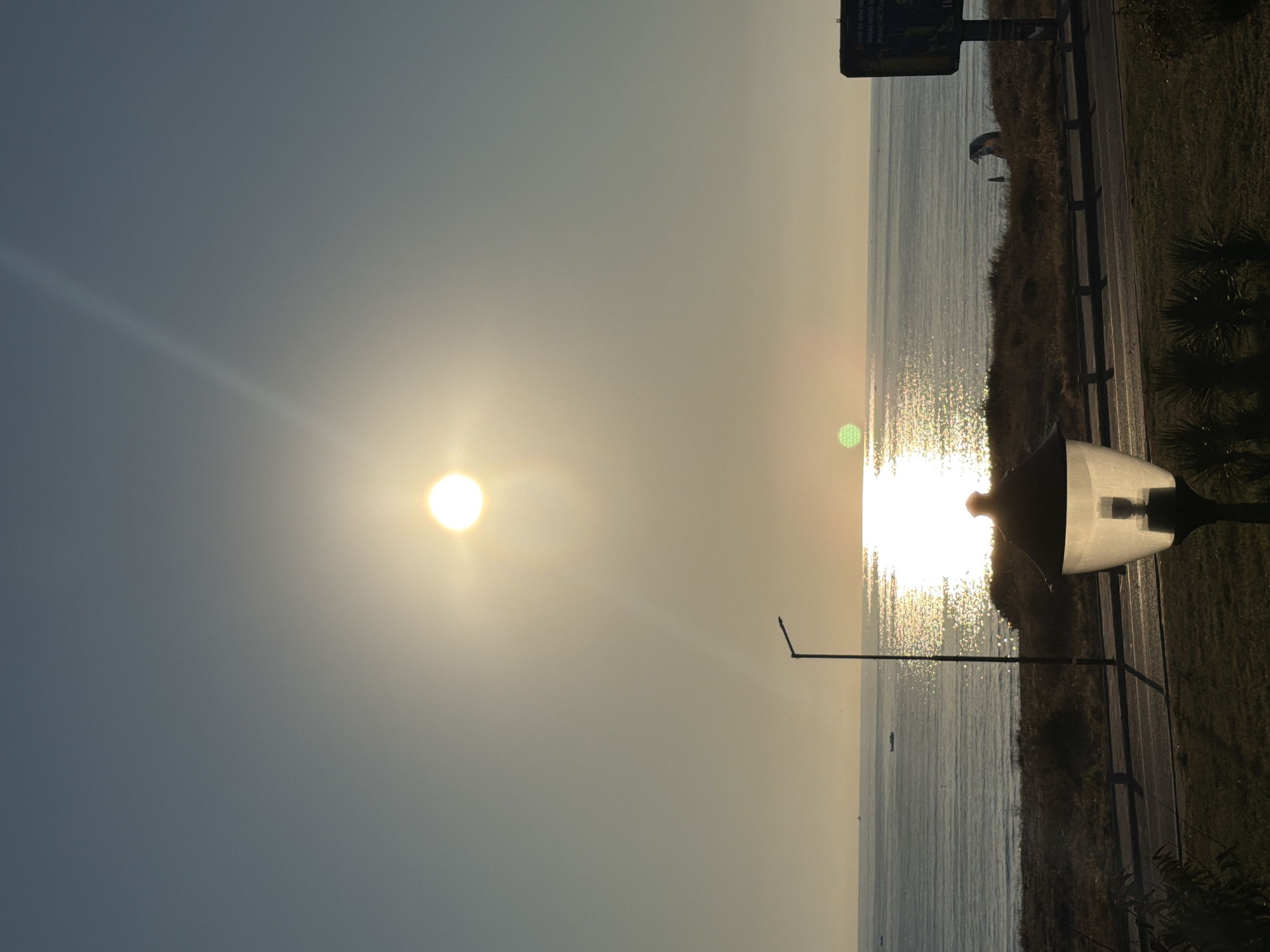 The image depicts a scenic view of the sea at Sozopol, Bulgaria, likely at sunrise or sunset. The sun is a bright, luminous orb high in the sky, casting a shimmering reflection across the calm water. In the foreground, a silhouette of a street lamp is prominent, its glass housing illuminated by the ambient light. A road runs parallel to the coastline, bordered by a grassy embankment dotted with low-lying vegetation. Further back, the sea stretches to the horizon, with a few small boats visible in the distance. A billboard stands on the right side of the frame, its text unreadable due to the angle and lighting. The overall atmosphere is serene and tranquil, capturing the natural beauty of the coastal landscape.