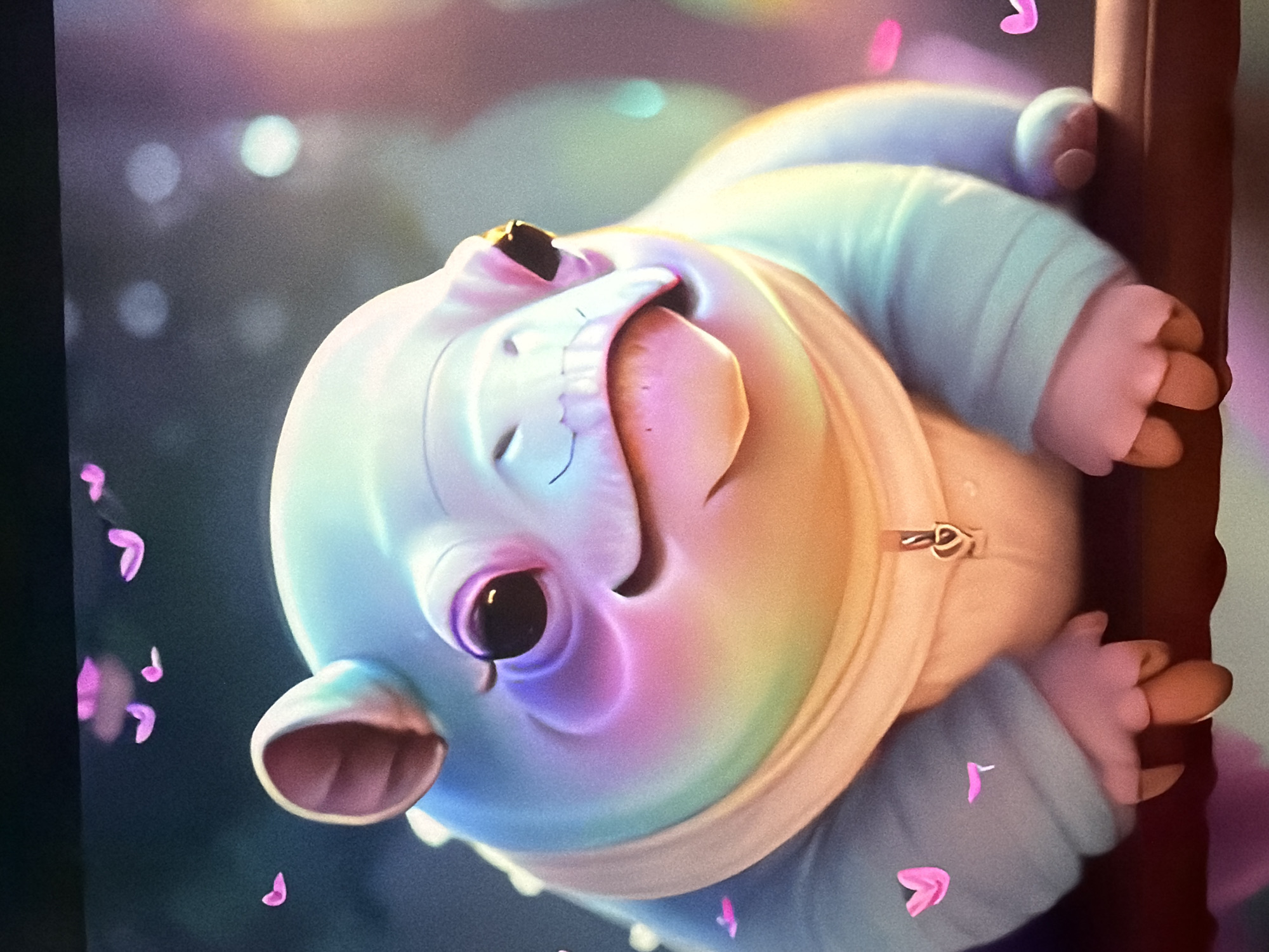 The image is a close-up, digitally rendered illustration of a small, cartoonish creature with light blue and rainbow-colored skin. It has large, dark eyes with purple highlights, small ears, and a smiling mouth with its tongue slightly sticking out. The creature is wearing a light blue hoodie with a zipper that has a heart-shaped pull. It is sitting on a brown surface, possibly a branch or railing, with its hands resting on it. The background is blurred with bokeh lights and scattered pink heart-shaped petals. There is no discernible location in the city of Kyiv, Ukraine, as the image is a fantasy illustration.