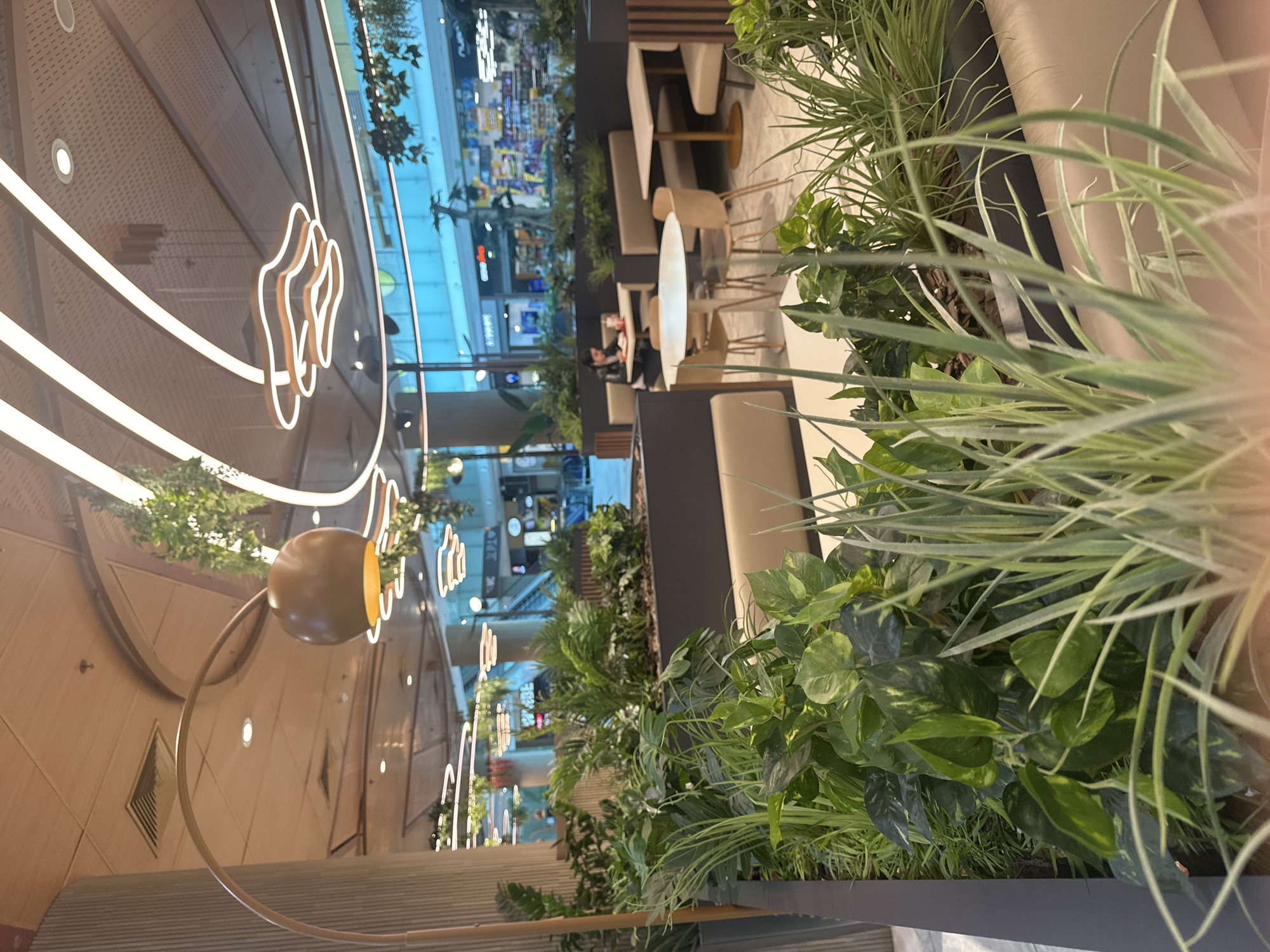 The image shows a blurred interior space with prominent green plants in the foreground. Beyond the plants, there is an area with tables and chairs, suggesting a café or restaurant setting. A person is seated at one of the tables. In the background, there is a view of a brightly lit shopping area. A large, decorative lighting fixture is visible on the ceiling. Given the presence of "Coca-Cola" signage in the background, the image is likely taken in a public space such as a mall or airport. The location is Sofia, Bulgaria.