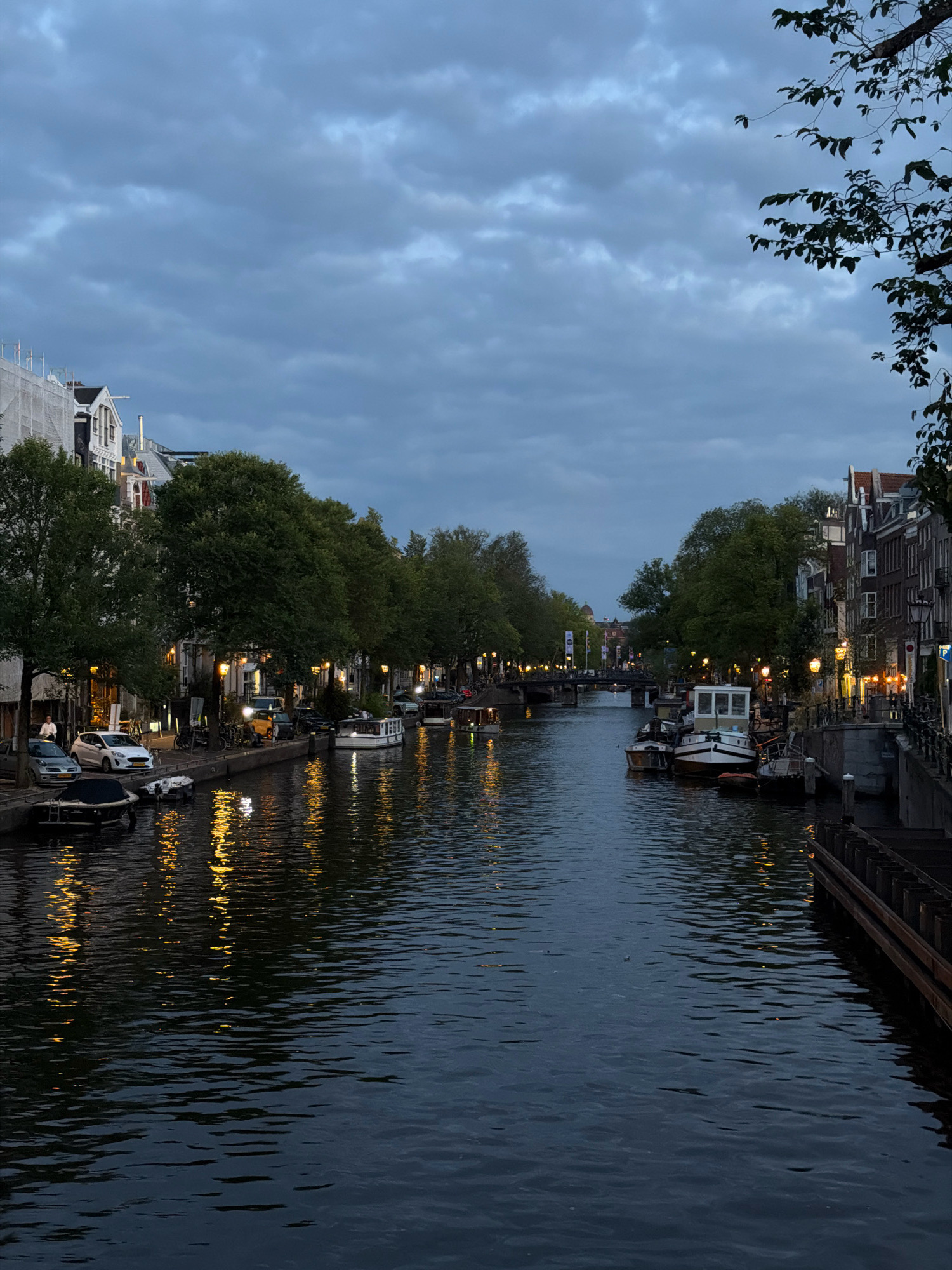 The image captures a canal scene in Amsterdam, Netherlands, at dusk. The sky is overcast with a muted blue and grey cloud cover. On both sides of the canal, buildings with traditional Dutch architecture, some with white facades and dark rooftops, line the waterway. Trees with dense green foliage are planted along the canal banks, casting reflections on the water.
Several boats of various sizes are docked along the canals, including what appears to be a tour boat or houseboat in the foreground on the left, and multiple smaller vessels further down the canal. The water itself is dark and reflects the warm, yellow light emanating from street lamps and the windows of the buildings.
On the left bank, there are cars parked along the street, and a few individuals are visible walking. The right bank features more buildings and a more prominent wooden walkway or structure. In the distance, bridges can be seen spanning the canal, with more buildings and trees beyond them. The overall atmosphere is calm and serene, characteristic of an evening in Amsterdam.