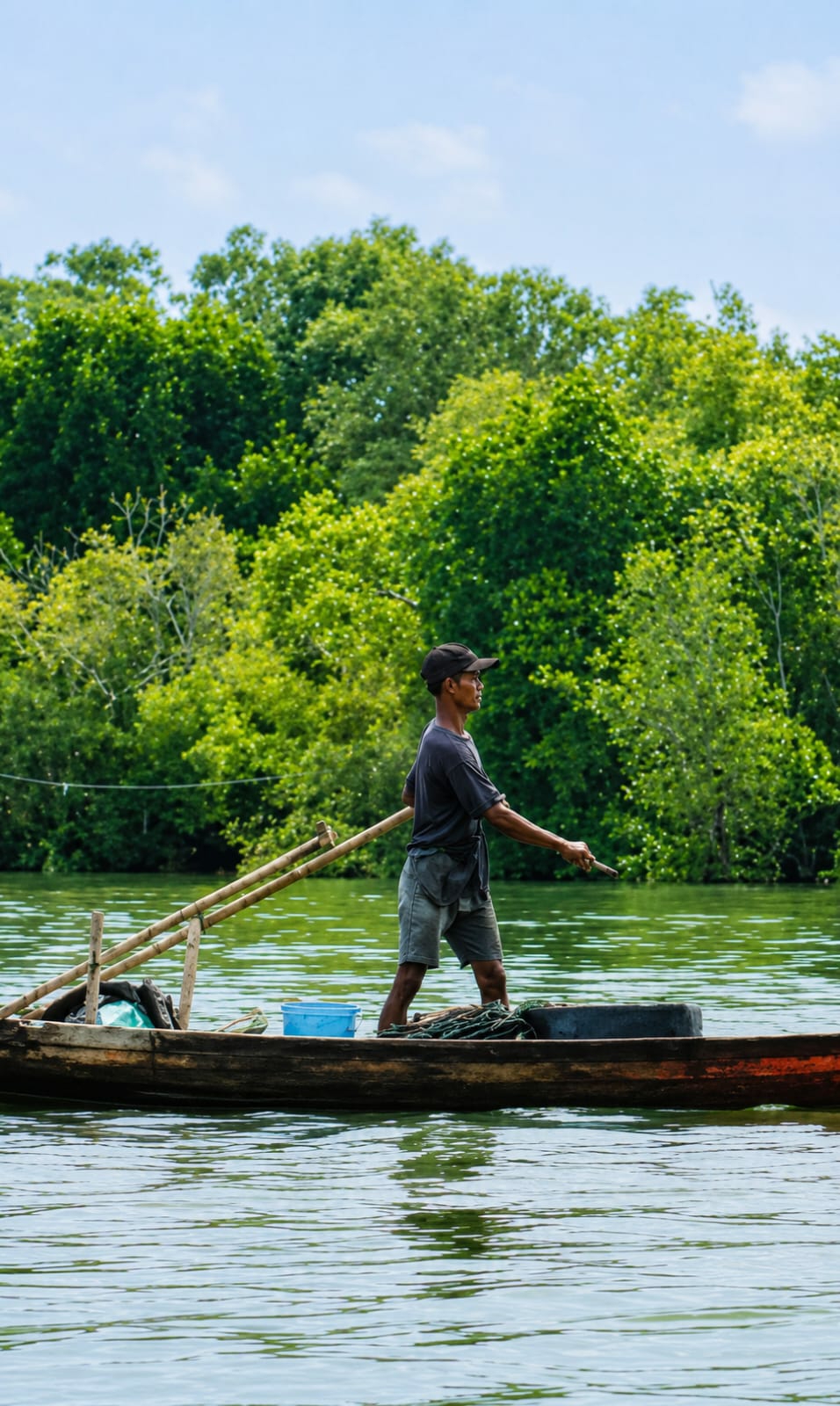 A man in a dark t-shirt and shorts rows a wooden boat through calm, green water. He is wearing a black baseball cap and is standing in the boat, holding an oar. The boat contains a blue bucket, some coiled rope, and other items. In the background, a dense green forest line the water's edge under a bright, cloudy sky. The image appears to be taken in a natural, tropical environment, possibly in the waterways of the City of Medan, Indonesia, where mangrove forests are common.