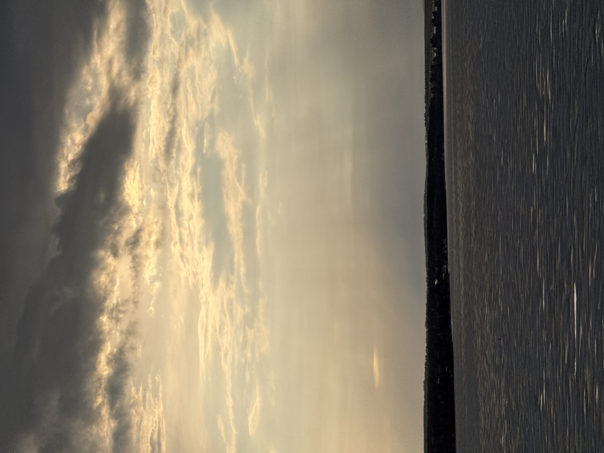 The image depicts a landscape near Votkinsk, Russia, at dusk or dawn. The sky is filled with striated clouds, ranging from dark gray to bright yellow. To the right of the sky, a dark, silhouetted treeline is visible along the shore of a body of water. The water is dark, with vertical striations suggesting ripples or small waves.