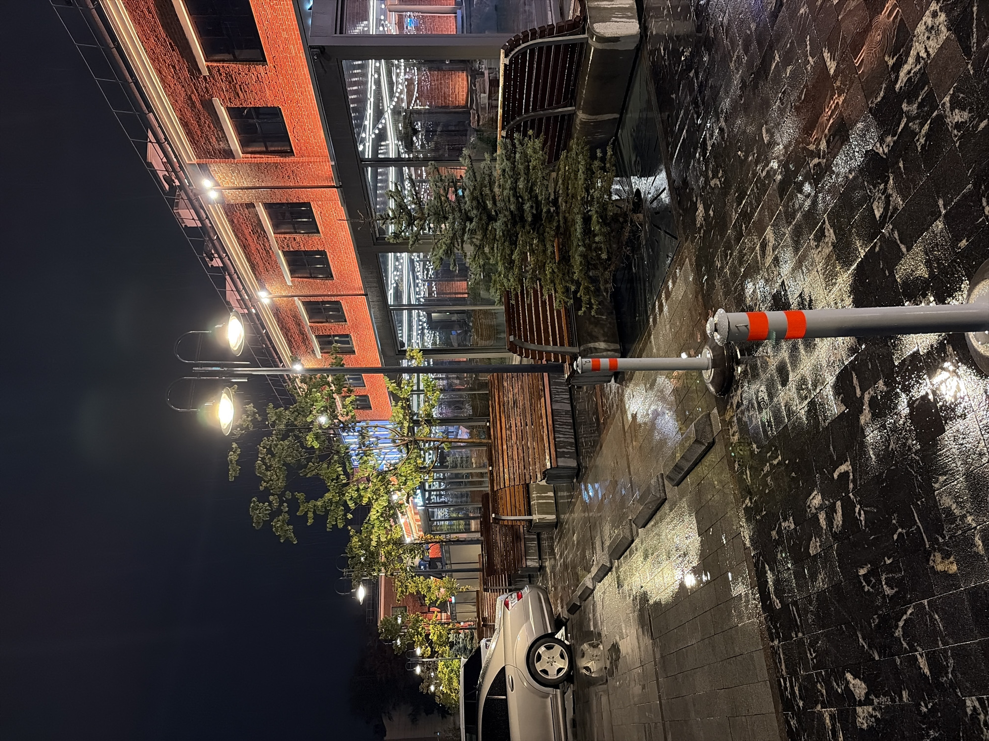 The image depicts a nighttime scene on a wet cobblestone street in front of a brick building. The building features numerous windows and is illuminated with warm, orange lighting, suggesting it might be a restaurant or commercial establishment. Several trees with green foliage are planted along the sidewalk, their leaves glistening from the rain. Wooden benches are placed along the street, and a small Christmas tree stands in front of one. A silver Mercedes-Benz sedan is parked on the left side of the street, reflecting the ambient light on its wet surface. The street itself is paved with dark cobblestones, and puddles of water reflect the lights from the building and street lamps, indicating recent rainfall. The overall atmosphere is serene and slightly moody, characteristic of an urban environment after dark and during inclement weather. The scene is devoid of any people.