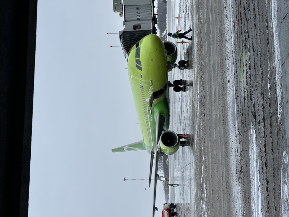 The scene depicts an airport tarmac in the city of Novogorelovo, Russia, under an overcast sky. A lime green S7 Airlines Airbus A320 family aircraft, identifiable by its livery and tail number design featuring a "7," is prominently positioned in the mid-ground, connected to a gray jet bridge on its starboard side. A small Russian flag is visible on the aircraft's fuselage near the cockpit. The tarmac surface is wet and displays patches of melted snow and slush, with visible tire tracks.
Two individuals identified as ground crew personnel are present. One individual, wearing a blue jacket and an orange reflective vest, walks from right to left in front of the aircraft's nose gear. A second, less distinct individual in a reflective vest is visible further back near the aircraft's port wing.
To the far left, a red and white service vehicle, possibly a fuel truck, is partially visible. Orange traffic cones are scattered on the tarmac near the aircraft. In the background, a tall pole with lights is visible on the left, and a distant treeline separates the airfield from the horizon. The image is framed from an elevated vantage point, possibly through an airport terminal window, indicated by the dark horizontal bars at the top and bottom edges. The overall environmental conditions suggest cold temperatures and recent precipitation.