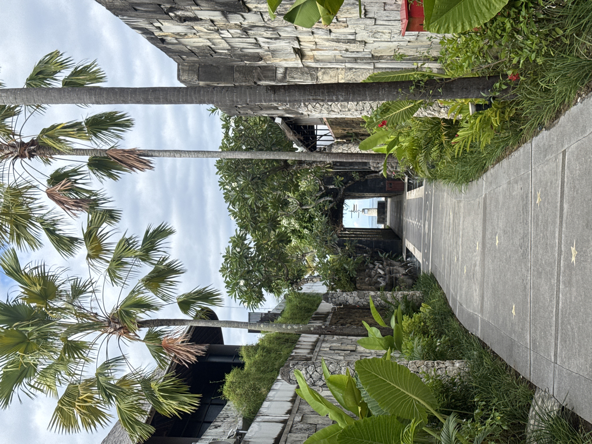 A view along a concrete walkway flanked by vegetation in Kuta Selatan, Indonesia. The pathway is marked with small, light-colored star-shaped designs. On the right, the walkway is bordered by grassy vegetation. The left side features a wall constructed with stones and greenery, interspersed with palm trees. In the distance, the path leads to an opening that reveals a view of the ocean under a cloudy sky.