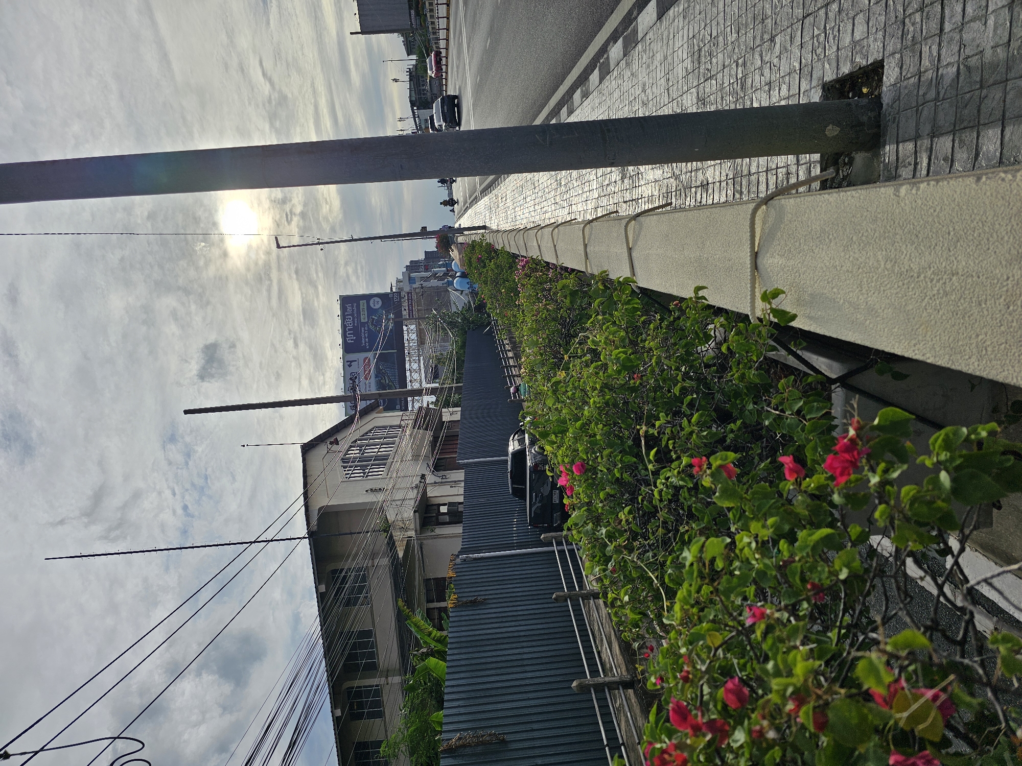 This image captures a street scene in Bangkok, Thailand, on a cloudy day with the sun partially obscured. A wide sidewalk paved with interlocking grey tiles runs alongside a road. A low concrete barrier separates the sidewalk from a planter filled with lush green foliage and vibrant pink bougainvillea flowers. Beyond the flowers, a corrugated metal fence runs parallel to the sidewalk, enclosing what appears to be a property with a two-story building visible behind it. The building has a light-colored facade, several windows, and a complex network of electrical wires extending from poles and strung across its roof. A dark-colored pickup truck is parked behind the fence. Further down the road, traffic can be seen, including a black car, a motorcycle, and a red car. Billboards with Thai text are mounted on poles in the distance. A tall, grey utility pole stands prominently on the sidewalk. The overall impression is of a typical urban environment in Bangkok, with a mix of residential and commercial elements, and abundant greenery integrated into the streetscape.