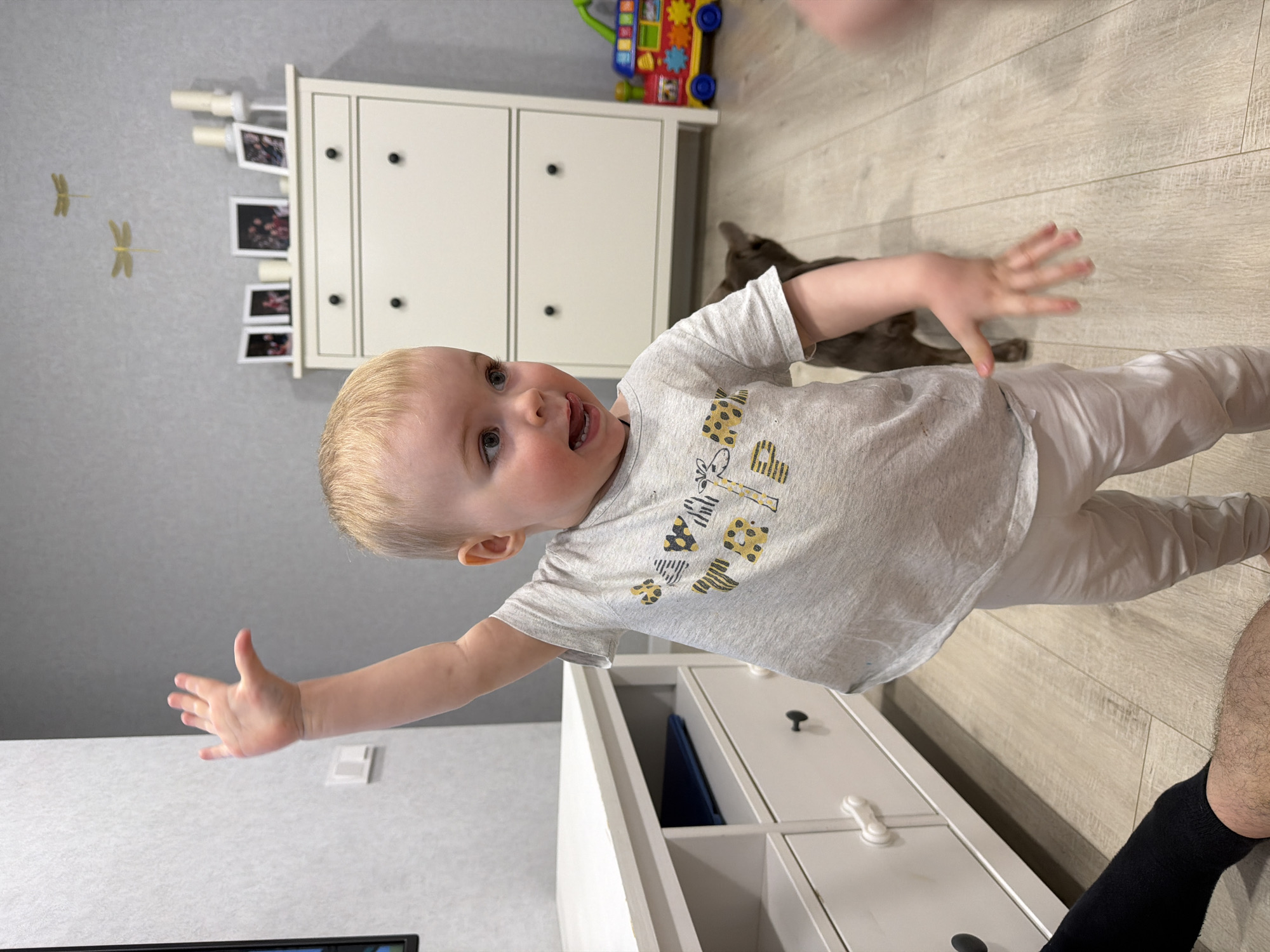 An interior scene in Votkinsk, Russia, depicts a toddler standing on a light wood-planked floor in what appears to be a residential room. The toddler, with blond hair and blue eyes, wears a light grey t-shirt with animal patterns and white pants. Their left arm is raised high with an open palm, while their mouth is open with the tongue slightly protruding, directed towards the right of the frame. A grey domestic animal, possibly a cat or small dog, is partially visible behind the toddler, looking away.
To the left, a white low cabinet or TV stand with two drawers and open compartments is present; a blue object rests in one compartment. To the right, a white chest of drawers or shoe cabinet displays four framed photographs and two white candle holders with candles on its surface. Two golden dragonfly decals are affixed to the light grey wall above this cabinet. In the lower-left corner, the calf and foot of an adult, wearing a black sock, are visible. A colorful plastic toy vehicle is on the floor to the far right. The room features light grey walls and is illuminated by ambient lighting.