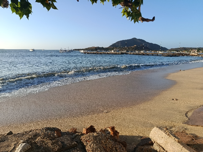 A serene beach scene unfolds under a clear sky, with gentle waves lapping the shore. Sandy beach stretches towards the calm blue sea, where several boats are visible. In the background, a mountain rises from the coastline, near what appears to be a port or marina with numerous boats docked. Foliage hangs from the top of the frame. Rocks and small debris litter the foreground, near a concrete object on the right corner. The lighting indicates either early morning or late afternoon.