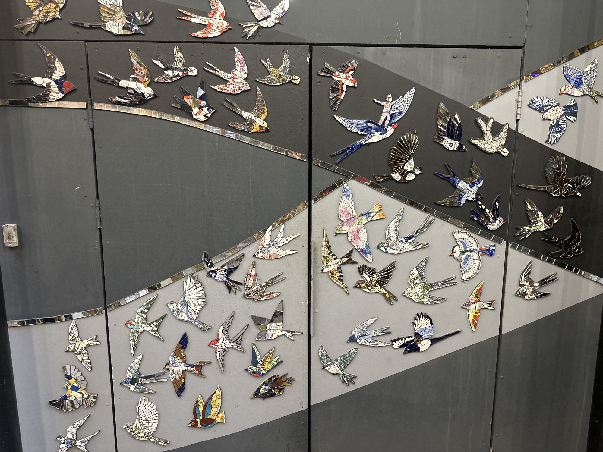 The image shows an art installation featuring numerous mosaic bird figures affixed to a gray metal surface, possibly a large door or wall. The birds are of various colors and patterns, suggesting diverse species or artistic interpretations. The mosaic tiles used to create the birds include reflective or mirrored pieces, which add a shimmer to the artwork. The background surface has a diagonal line demarcating a darker gray and a lighter gray area. The surface appears to be a functional part of a building or structure, with a visible seam and a small electrical box on the left side. The location is Saint Petersburg, Russia.