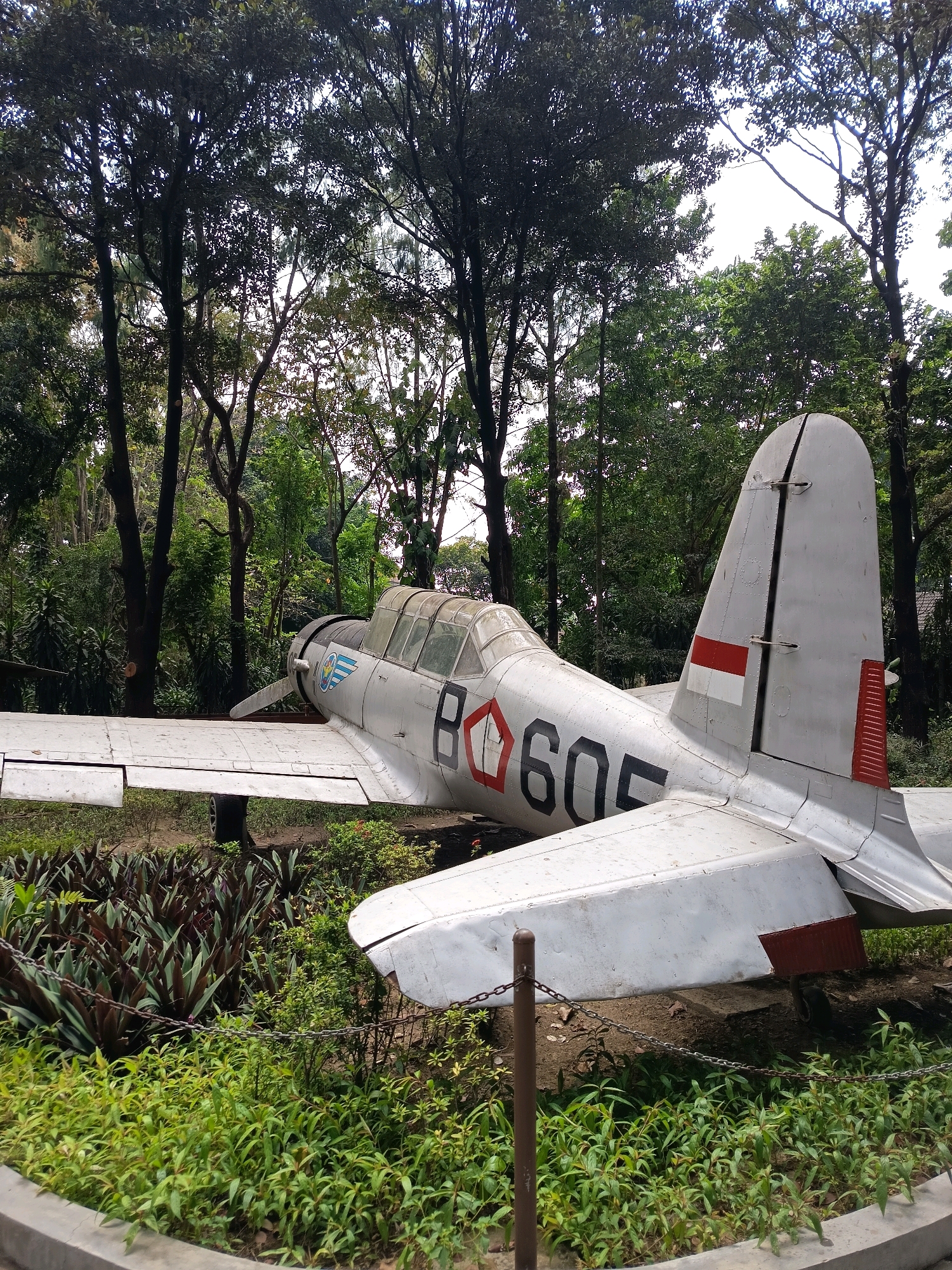 This image shows a vintage silver airplane parked outdoors in what appears to be a park or museum setting in Yogyakarta, Indonesia. The airplane is a single-engine propeller aircraft with markings including the numbers "8 605" in black with a red outline on the fuselage, and the Indonesian flag colors (red and white) on its tail fin. It is surrounded by lush green vegetation, including various plants and trees, with some of the foliage obscuring the lower parts of the aircraft. A chain link fence with a metal post is visible in the foreground, suggesting the area might be sectioned off or on display. The sky is overcast. The location is identified as Yogyakarta, Indonesia, suggesting this aircraft is likely part of a historical exhibit or display within the city.