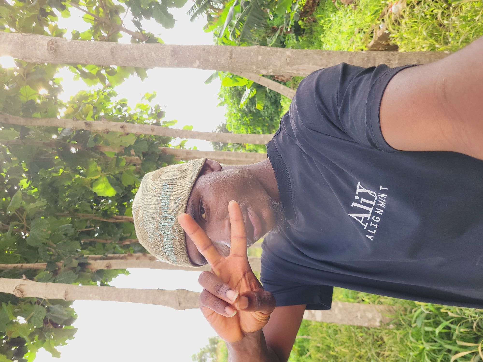 An outdoor, eye-level full shot depicts a male individual with dark skin, positioned slightly off-center to the right. He wears a light khaki-colored beanie with faded turquoise patterning and a black t-shirt featuring the white text "AliX" above "ALIGNMENT" on the chest. His right hand is raised to face level, forming a "peace" sign (V-sign) with his index and middle fingers, partially obstructing his view. He has a slight beard and is looking towards the camera with a subtle expression. The background consists of several tall, slender tree trunks with light brown bark and green foliage. Bright sunlight filters through the leaves, creating areas of high exposure and lens flare, indicative of a bright day. Green vegetation, including grasses and smaller plants, is visible on the ground. The scene is located in Bukuru, Nigeria.