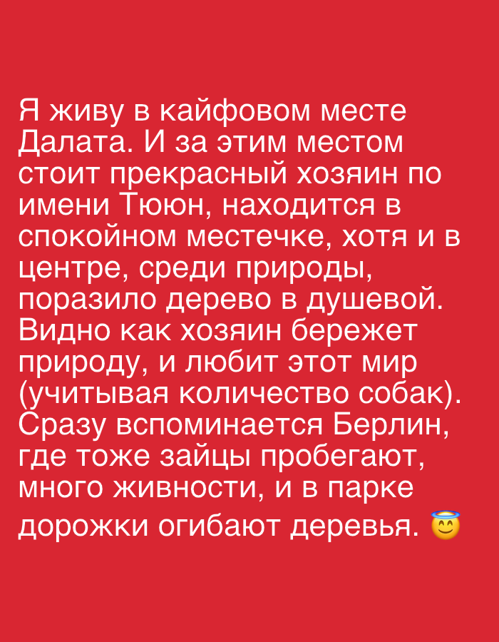 The image consists of white text on a red background. The text is in Russian and describes a pleasant experience in Da Lat, Vietnam. The speaker appreciates the peaceful location, which is both in the center of the city and surrounded by nature. They admire the caretaker, named Tyuun, who preserves nature and loves the world, including his dogs. The place reminds the speaker of Berlin, where hares run around, there is a lot of wildlife, and the paths in the park go around trees. A smiling face emoji is at the end of the text.