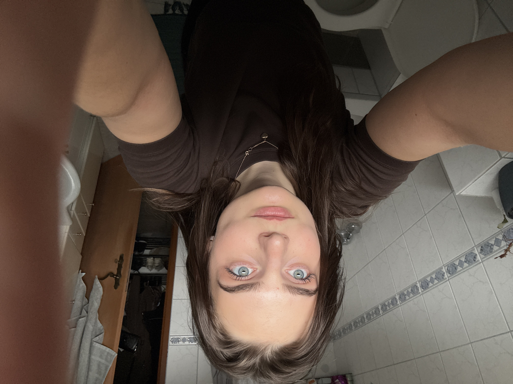 An upside-down selfie captures a close-up of a young person in what appears to be a bathroom. The subject, with fair skin, light blue eyes, and long dark brown hair, looks directly at the camera with a neutral expression. They are wearing a dark brown short-sleeved top and a delicate gold-colored necklace with a small pendant. Their arms are visible on either side, holding the camera overhead to achieve the unique perspective.
The background shows tiled walls, primarily white, featuring a decorative horizontal border of blue and grey patterns. A white toilet bowl is partially visible in the upper right corner, and a portion of a white sink can be seen in the lower left. To the left, a wooden door is slightly ajar, revealing a darker interior with shelves and indistinct items, possibly a closet or another room. A white towel hangs on hooks near the door. The lighting suggests an indoor setting, likely artificial. No visible text is present in the image. The scene conveys a personal, domestic moment, situated within a home in Hainburg an der Donau, Austria.