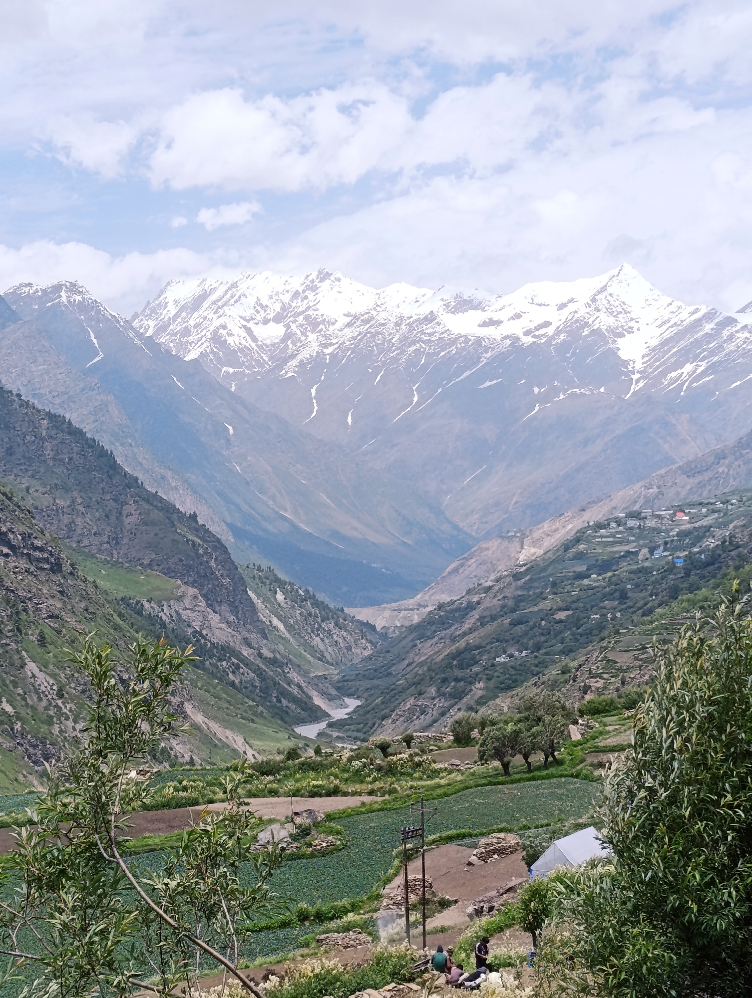 The image depicts a mountainous landscape in India. In the foreground, lush green foliage partially obscures a terraced agricultural field. Several individuals are seated on the ground near a white tent and a utility pole. Further down the slope, more fields are visible, along with a cluster of houses with red and blue roofs on the mountainside. The midground features a winding river flowing through a valley, flanked by steep, rocky slopes. The background is dominated by majestic snow-capped mountains under a cloudy sky.