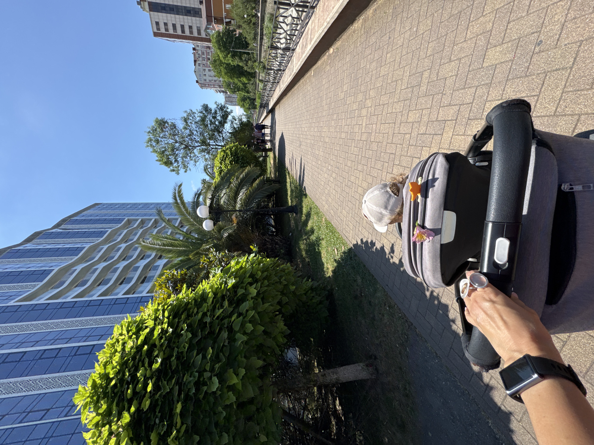 This is a first-person perspective shot of someone pushing a stroller along a paved pedestrian walkway. The walkway is bordered by a decorative metal fence and a body of water. To the left of the walkway is a well-maintained lawn with trees and palm trees, and a modern, multi-story building with a glass facade. Further down the walkway, a group of people are walking. The scene appears to be in a city, likely a resort area, given the presence of palm trees and the modern architecture. The sky is clear and blue. The location is identified as Sochi, Russia.