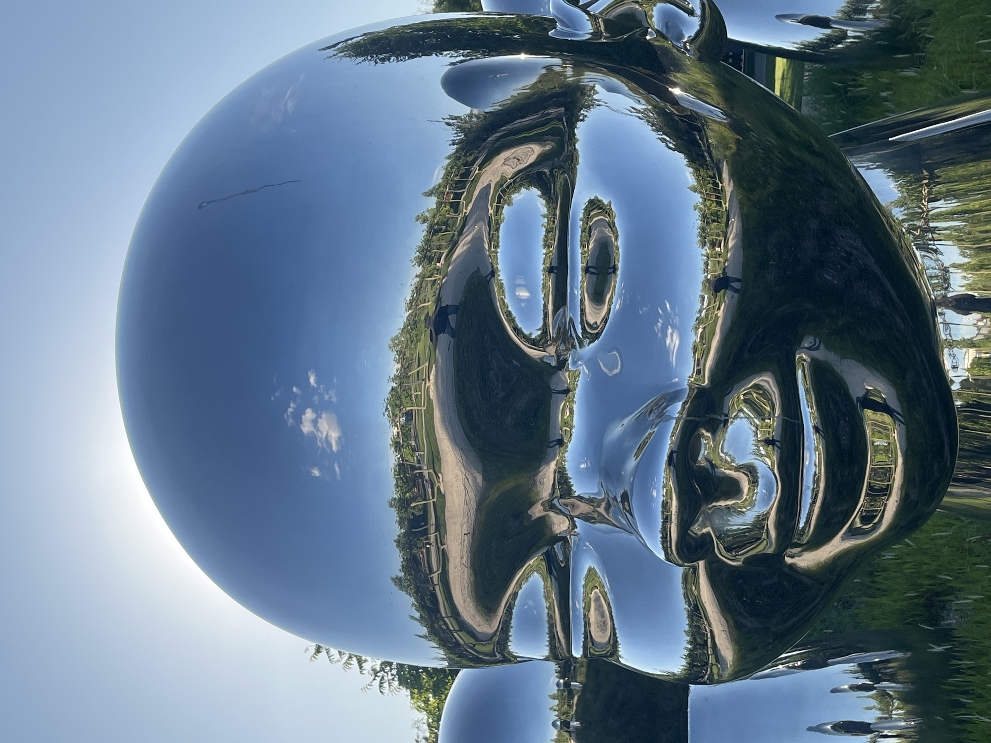 This image features a large, highly polished, chrome-like sculpture of a stylized human head, or a portion of a figure, set outdoors on a bright, sunny day. The sculpture's surface is intensely reflective, mirroring its surroundings in a distorted, funhouse-mirror effect.
The reflections on the metallic surface clearly show a vibrant outdoor environment. Prominent features include a bright blue sky with a few scattered white clouds, lush green trees and grass, and a light-colored paved path or road. The sun is visible as a bright, overexposed area on the upper left curve of the sculpture, indicating clear weather.
Several human figures are visible as distorted reflections on the sculpture's surface, particularly across the "face" area, suggesting people are present, likely viewing the artwork. One reflection shows a clear outline of a person standing on the paved path. The sculpture itself has a smooth, rounded form, with facial features such as eyes, nose, and mouth depicted through abstract indentations and raised contours that further warp the reflections. Some faint smudges or streaks are noticeable on the upper, dome-like part of the sculpture.
The scene captures a dynamic interaction between the artwork and its environment in what appears to be a public outdoor space, possibly a park or plaza, located in Krasnodar, Russia. No visible text is present in the image.
