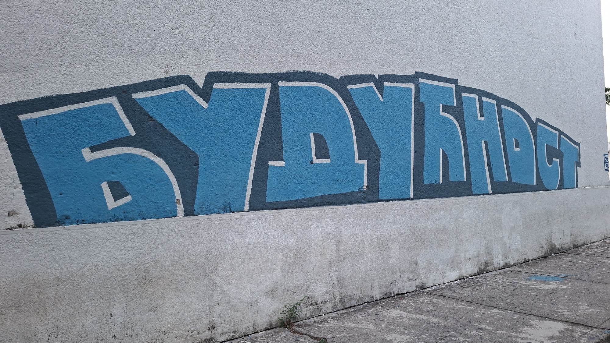 The image shows a blue and white graffiti tag on a white concrete wall. The graffiti is in a blocky, stylized font and appears to read "БУДЦНОСТ", which is Cyrillic for "BUDUĆNOST". The graffiti is positioned horizontally across the upper portion of the wall, with a dark grey outline around the blue letters. Below the graffiti, the wall has a rougher texture and is stained in places. A concrete sidewalk with visible cracks runs along the bottom of the image. A small green plant is growing from the base of the wall where it meets the sidewalk. The scene is outdoors, and the lighting suggests it is daytime. The context of Podgorica, Montenegro, is not directly discernible from the image itself but is provided as supplementary information.