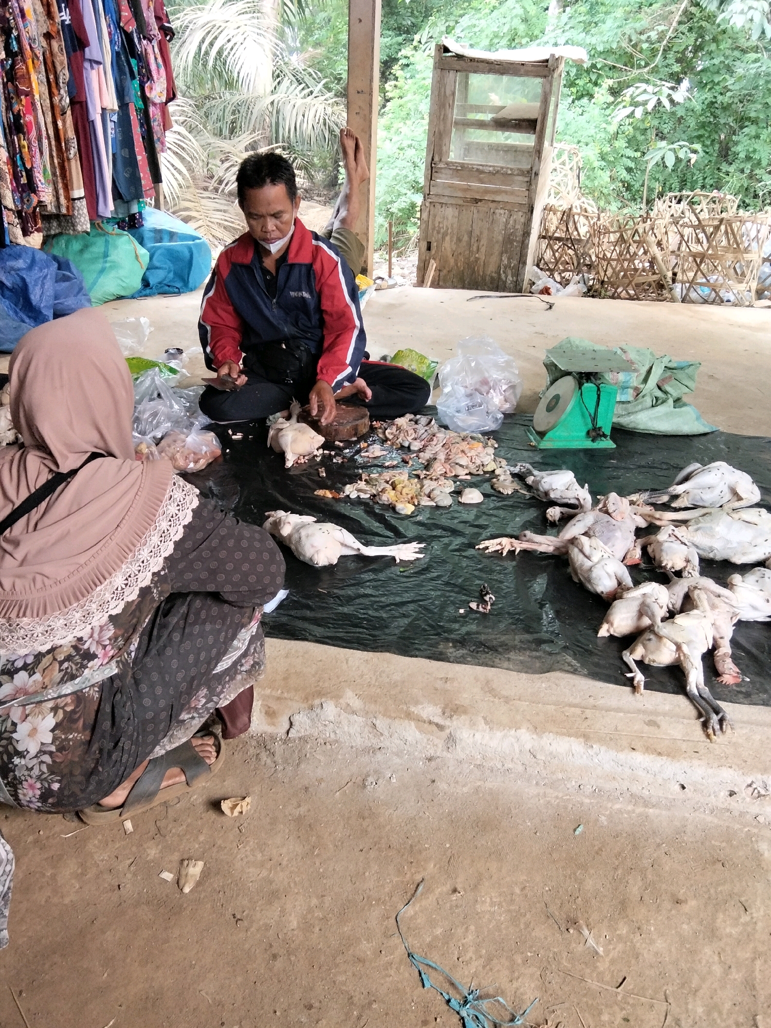 In Tirto Sari, Indonesia, a person in a red and blue jacket and a facemask is sitting on the ground, preparing poultry. They are using a knife to cut on a wooden board, surrounded by several whole chickens and parts of chickens laid out on a black tarp. Another person wearing a light brown hijab and a patterned dress is also seated, facing away from the camera. The scene appears to be outdoors, with a backdrop of lush green foliage and a rustic wooden structure with a door. Various items, including plastic bags, a green weighing scale, and bundles of bamboo baskets, are scattered around the area. Clothes are hanging on a rack to the left of the frame. The ground is made of dirt and concrete.