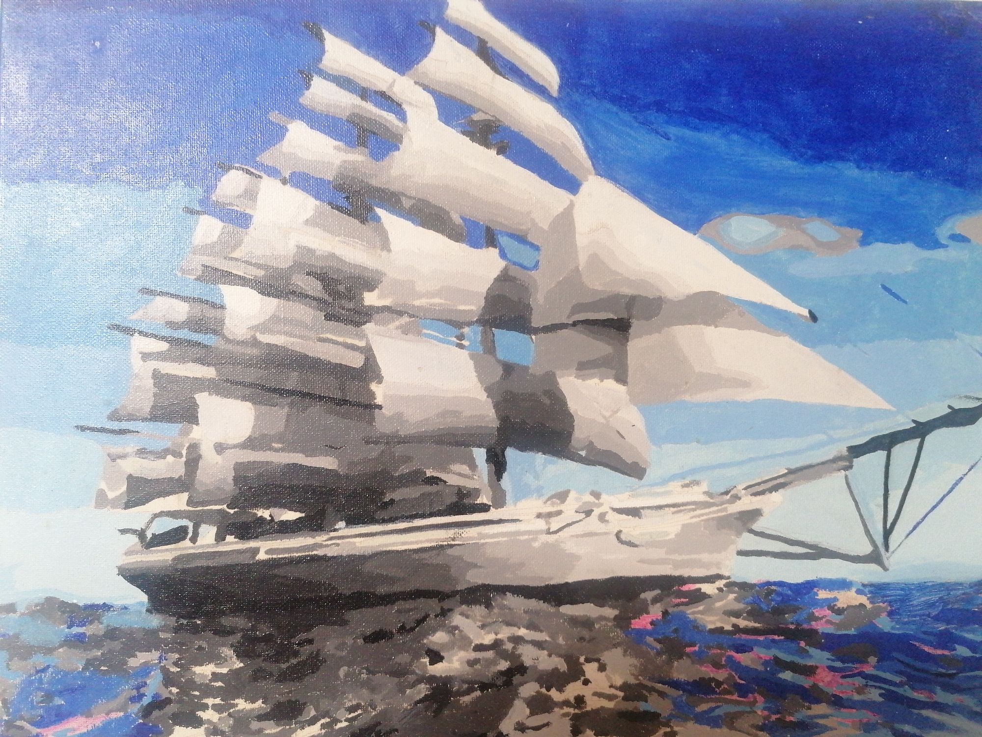 A painting depicts a large sailing ship with multiple white sails against a bright blue sky. The ship is rendered in shades of gray and white, with visible brushstrokes. The water below the ship is choppy and reflects the sky and the ship in abstract patterns of blue, gray, and pink. The painting appears to be a stylized representation of a maritime scene. There is no discernible indication of the city of Serebriansk, Kazakhstan, within the artwork.