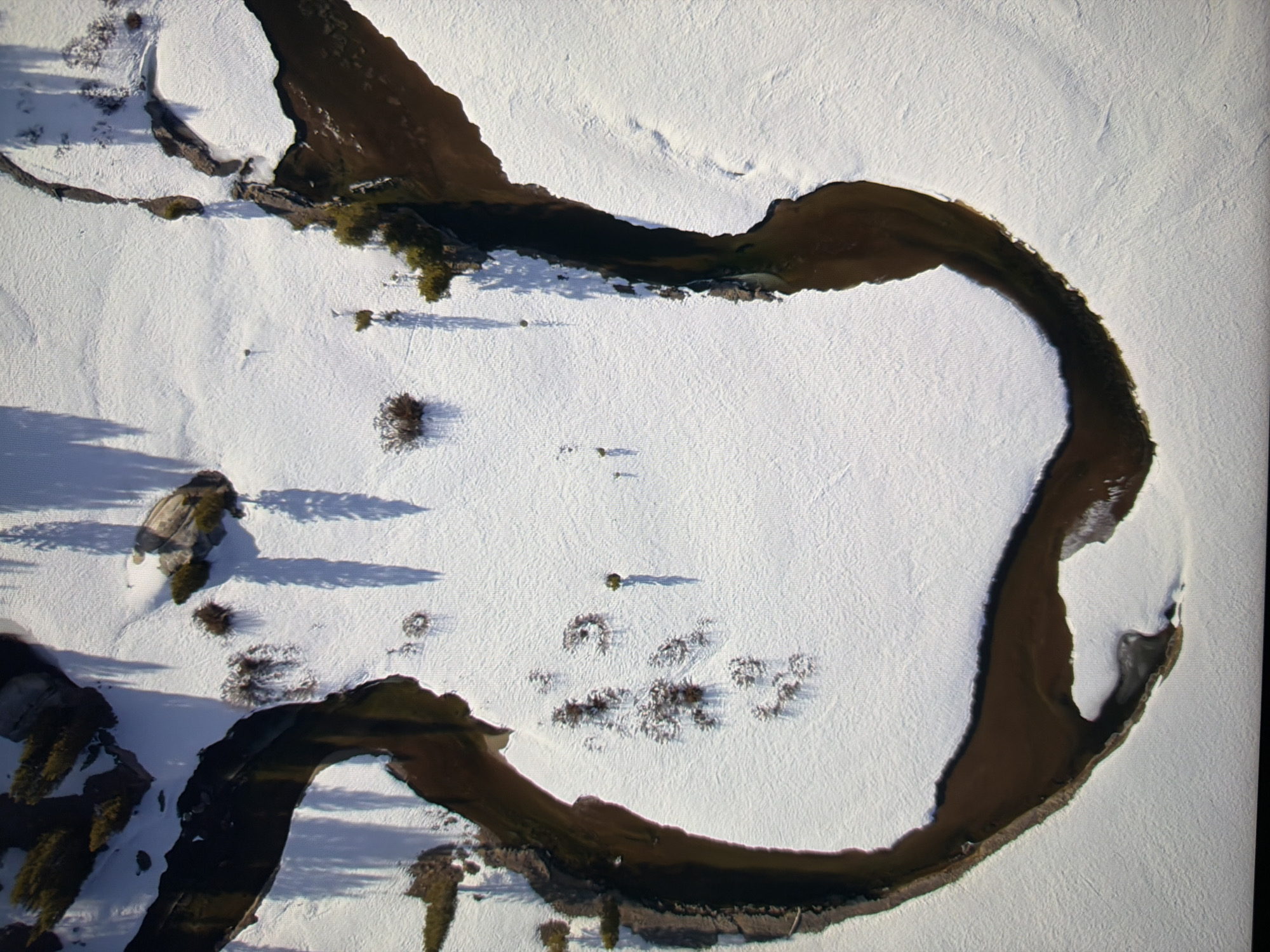 This is an aerial, top-down photograph of a winding, dark brown river flowing through a snow-covered landscape. The river is the dominant feature, with its curves creating a somewhat circular or amoeba-like shape in the center of the image. Patches of brown earth and green vegetation are visible along the riverbanks and interspersed within the snow. Shadows of trees are cast across the snow, indicating sunlight. The scene appears to be a natural, outdoor environment, likely a rural or wilderness area. There is no information in the image to suggest this is located in Kyiv, Ukraine.