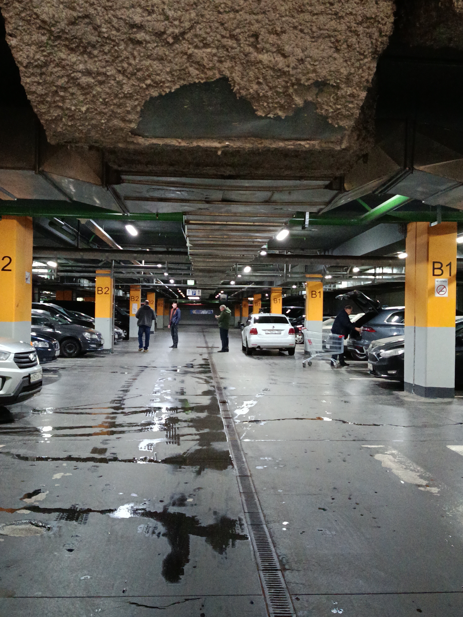 The image depicts a dimly lit underground parking garage, likely a basement level given the "B1" and "B2" markings on the pillars. The floor is significantly wet with numerous reflective puddles, and a metal drain grate runs down the center of the lane.
The ceiling is a notable feature, covered in a thick, brownish, fibrous material, possibly spray-on insulation or fireproofing, which shows extensive deterioration, with large sections peeling off or missing, revealing darker structural elements and ventilation ducts. Green pipes are also visible running along the ceiling. Artificial fluorescent or LED lights illuminate the space.
Several yellow and grey pillars are visible, prominently marked with "B1" and "B2" in black text, indicating the parking levels. One "B1" pillar on the right displays a red circular no-smoking sign with the Cyrillic text "НЕ КУРИТЬ" (No Smoking).
A few people are present in the garage. On the right side, a man in a dark jacket is loading items from a shopping cart into the open trunk of a dark-colored car. Further left, a group of three men stand together, appearing to converse or wait. One wears a dark jacket, another a blue jacket over a red shirt, and the third a green jacket.
Various cars are parked, including a silver SUV in the left foreground, a white sedan on the right, and several dark vehicles throughout the background. The wet floor suggests either recent precipitation brought in by cars or a significant leak within the structure, reinforced by the damaged ceiling. The scene portrays an active, albeit somewhat disheveled, parking facility.