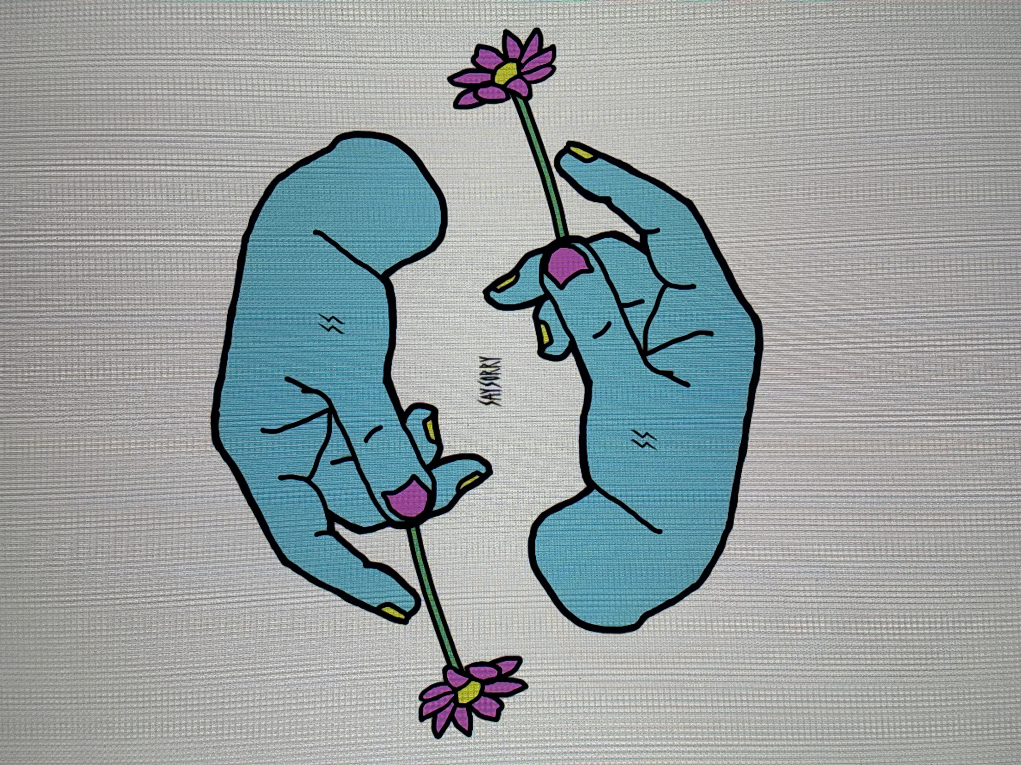 The image depicts two blue hands facing each other. Each hand holds a green flower stem with a purple flower at the end. The fingernails on the right hand are painted alternating colors of yellow and purple. The artist's signature "SAYSORRY" is visible between the hands. The background is a textured white.