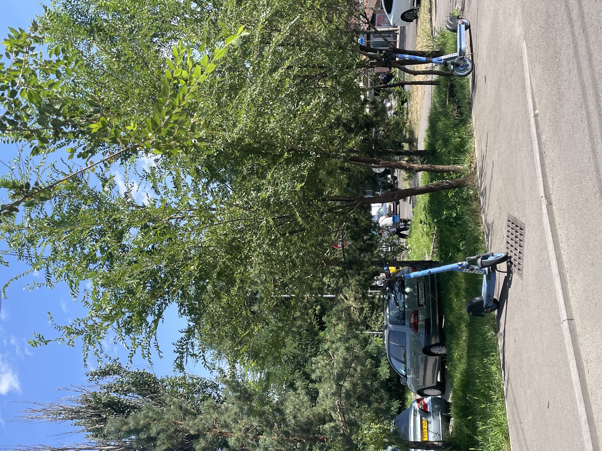 A bright, sunny day is depicted in Almaty, Kazakhstan, with a blue sky and scattered white clouds. The scene features a tree-lined street with a sidewalk and a grassy verge. Several vehicles are parked or driving on the street, including a green station wagon with license plate 744AVM02, a silver sedan with license plate 990902, and a white car visible on the right side. Two blue electric scooters are parked on the sidewalk in the foreground and midground. A metal grate is present on the sidewalk near the scooter in the foreground. A few pedestrians are visible in the background, walking near the parked cars. The overall environment appears to be a typical urban setting with ample greenery.