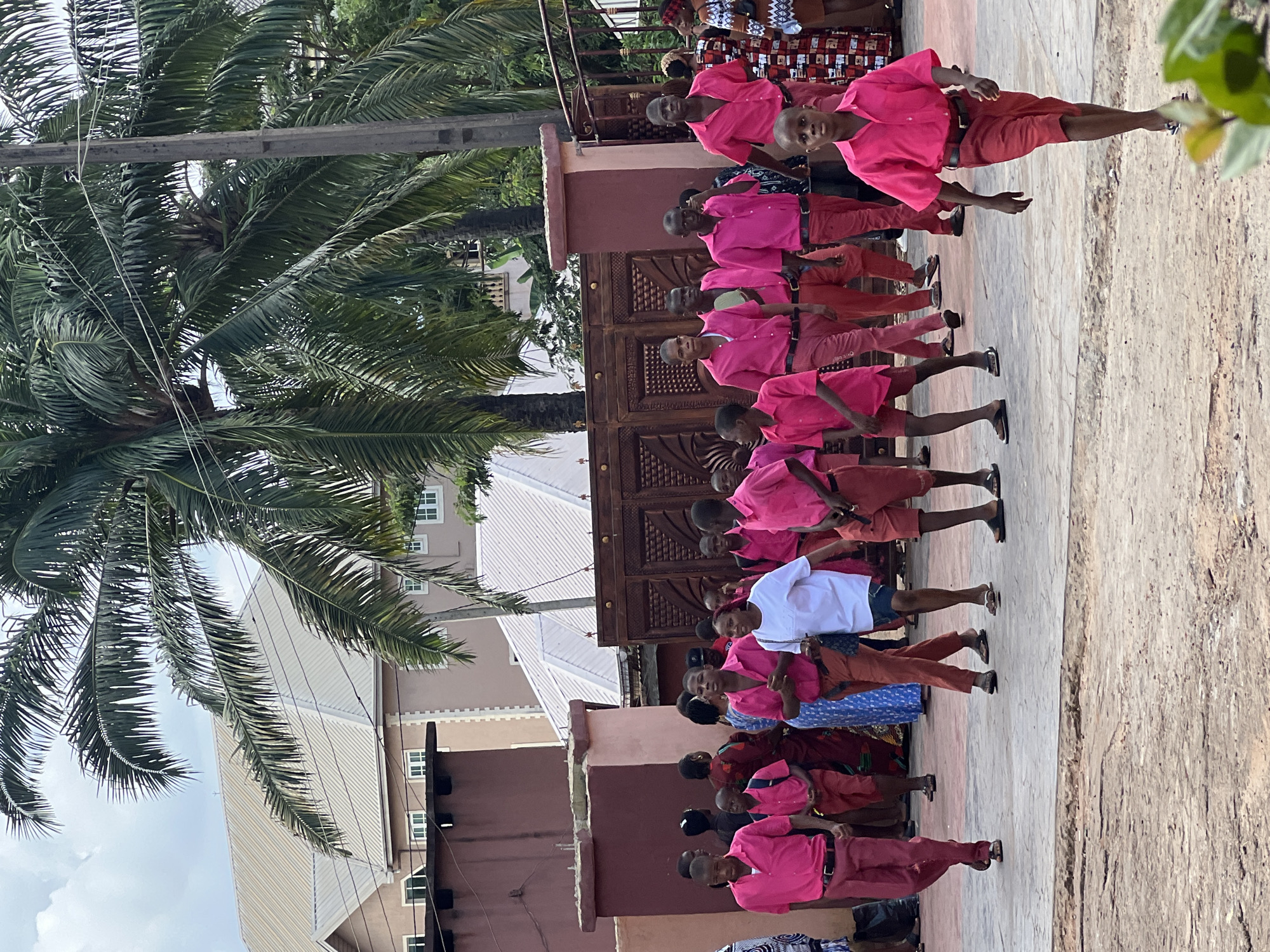 In the city of Nnewi, Nigeria, a group of young people, predominantly boys, are walking together. Most of them are wearing matching bright pink collared shirts and trousers or shorts, suggesting a uniform or a coordinated outfit. The attire is consistent across many individuals, with some variations in the shade of pink or the style of bottoms.
In the foreground, a young boy in the pink uniform is walking towards the camera, looking forward. Behind him, several other individuals in similar pink attire are also walking, some in groups. One young person in the center is wearing a white t-shirt and dark shorts, standing out from the predominantly pink group.
The environment appears to be an outdoor area with paved ground. In the background, there are buildings with beige and pink walls and light-colored roofs. Palm trees with their characteristic fronds are visible, indicating a tropical or subtropical climate. There are also decorative wooden gates and a concrete pillar. A wooden fence can be seen in the background. The sky is cloudy, suggesting it might be overcast or a partly cloudy day.
The overall scene suggests a gathering or procession, possibly for a school event, a parade, or a religious ceremony, given the uniformity of the clothing and the communal walking. The presence of multiple people in similar attire and the outdoor setting are key elements of the scene.