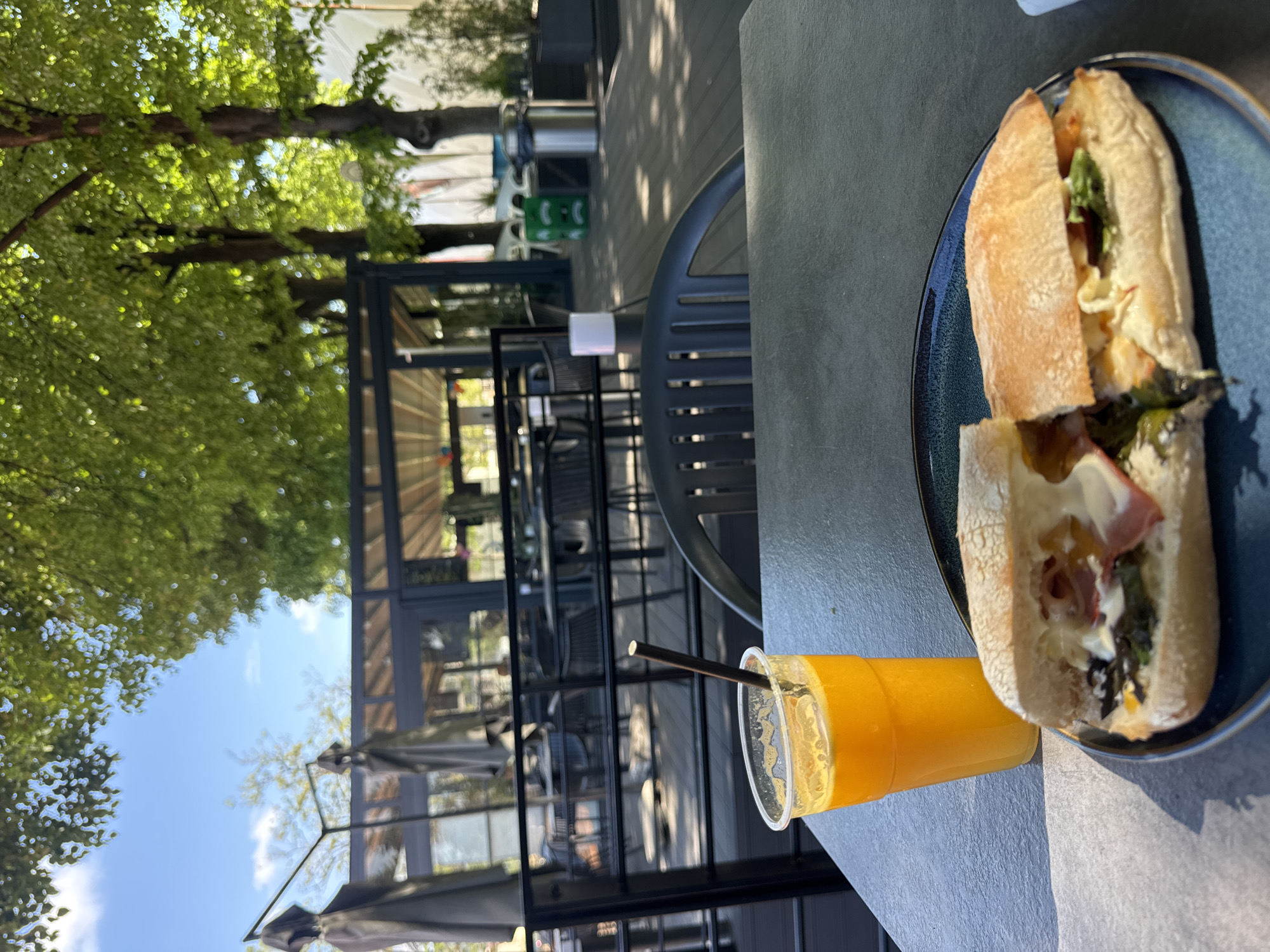 The image depicts an outdoor dining setting, likely a cafe or restaurant, in what appears to be Sofia, Bulgaria. A sandwich cut in half is on a blue plate, alongside a plastic cup filled with orange juice and a black straw. The table is gray. The background reveals an outdoor seating area with tables and chairs under a metal pergola structure. Lush green trees line the area and there is blue sky visible in the upper left corner.