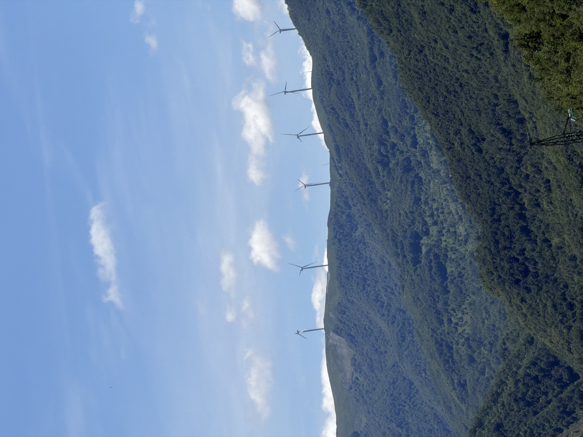 The image presents a serene panoramic view of a mountainous landscape under a bright, clear blue sky dotted with scattered white, wispy clouds. A prominent mountain ridge, densely covered in dark green forest, stretches horizontally across the middle ground. Along the crest of this ridge, a row of at least seven tall wind turbines stands, their slender white towers and blades visible against the sky, indicating a wind farm.
In the foreground, on the right side of the image, the top section of a high-voltage power line pylon emerges from the dense treeline, suggesting interconnected energy infrastructure. The mountain slopes appear to recede into the distance, with lighter green, hazy peaks hinting at further mountainous terrain in the background.
The scene is captured in broad daylight, likely midday or early afternoon, characterized by vibrant colors and excellent visibility. The weather appears fair and calm, with only light clouds. This landscape, featuring both natural beauty and renewable energy technology, is characteristic of the mountainous region around Šavnik, Montenegro. No human figures or specific activities are visible, and there is no discernible text in the image.