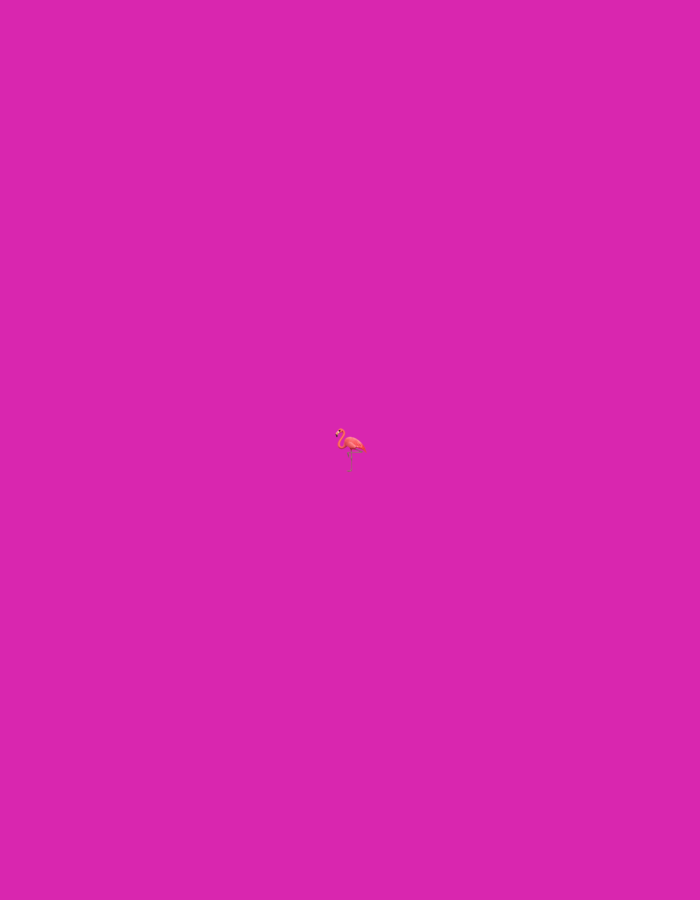 A small, pink flamingo emoji is centrally located on a vibrant pink background. The flamingo is facing to the left, with its head slightly lowered.