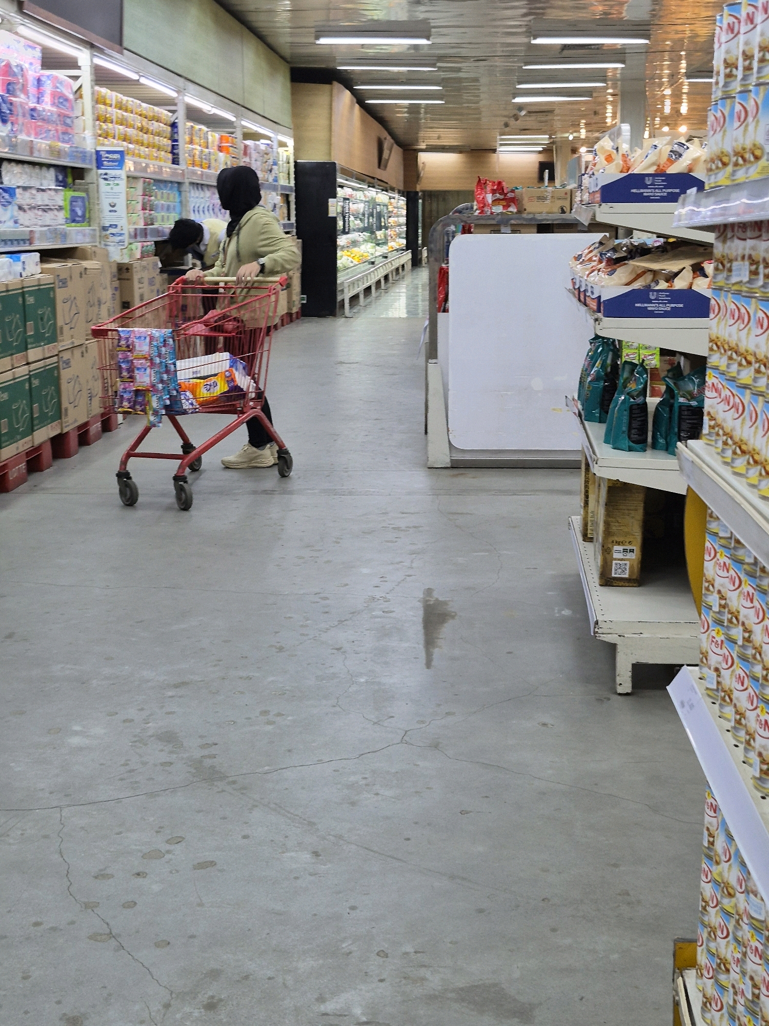 The image shows the interior of a supermarket in East Jakarta, Indonesia. In the foreground, a red shopping cart is visible, filled with various products. A person wearing a black headscarf and a light-colored jacket is pushing the cart. The shopping cart contains packaged goods, including what appear to be paper products and food items. The floor of the supermarket is made of concrete and shows signs of wear, with some stains and cracks. In the background, shelves are stocked with numerous products, including canned goods and other packaged items. Lighting fixtures are visible on the ceiling. The overall impression is that of a busy retail environment.