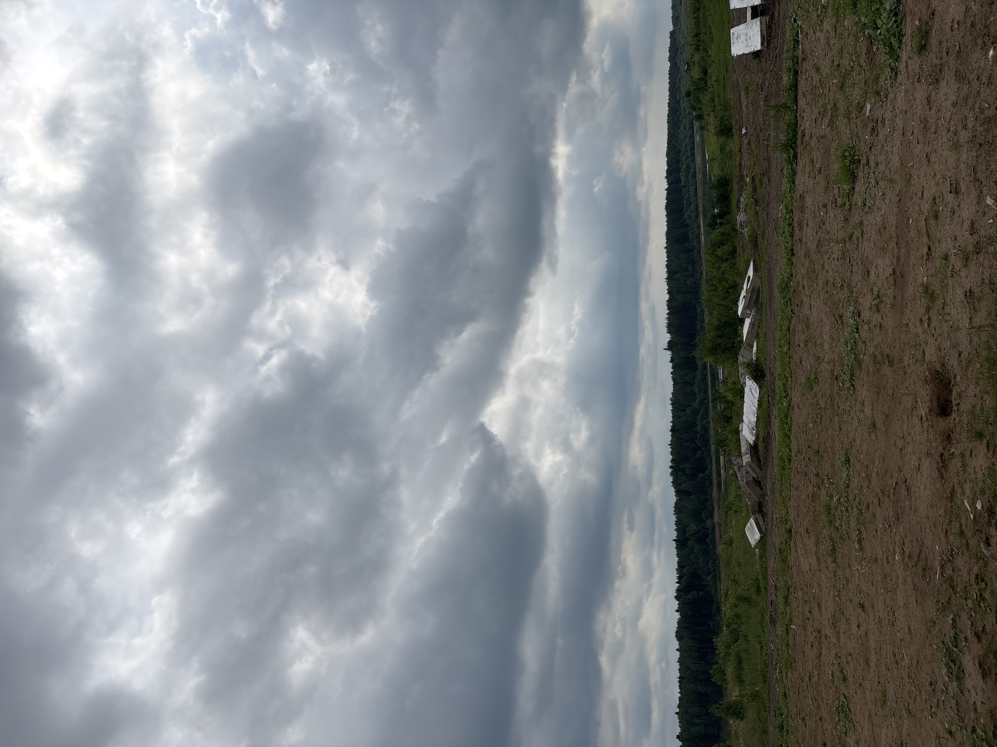 The image depicts an outdoor scene on an overcast day. In the foreground, there is brown, disturbed earth with sparse green vegetation. In the middle ground, a line of concrete slabs or blocks is scattered across the ground, some stacked. Beyond these blocks, there is a strip of green grass and bushes, and further in the distance, a dense line of dark green trees forms a treeline. A body of water, possibly a river, is visible behind the treeline. The sky is filled with heavy, gray, and white clouds, suggesting a potentially stormy or cloudy weather condition. There are no people visible in the image. The scene appears to be a construction site or an area undergoing development, given the presence of building materials. The location is identified as the city of Kurgan, Russia.