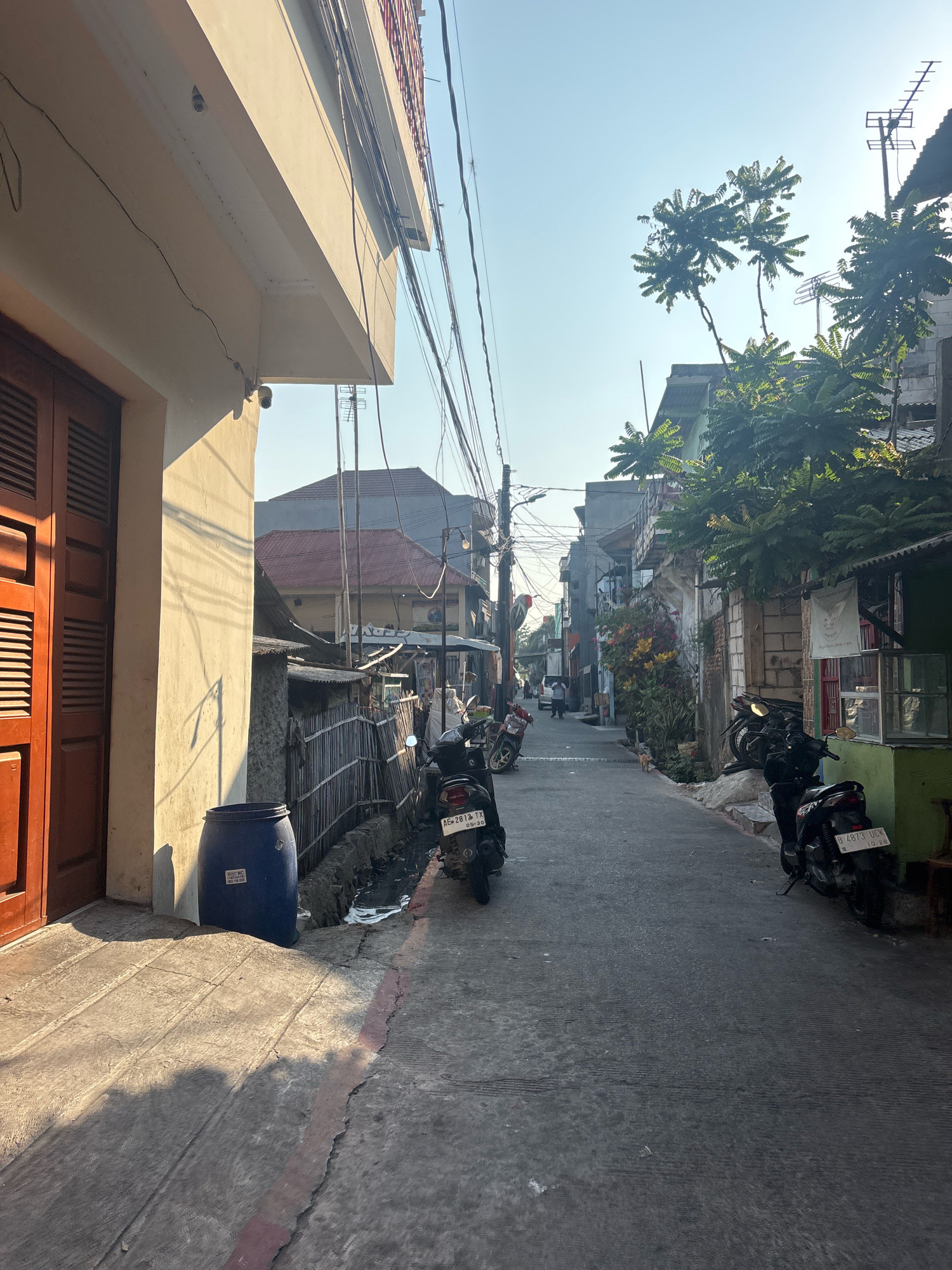 The image depicts a narrow, sun-drenched street in a densely populated urban area, likely in North Jakarta, Indonesia. The street is paved with concrete and lined with multi-story buildings of varying architectural styles and states of repair. Several motorcycles are parked along the sides of the street, indicating common local transportation.
On the left side of the image, a light-colored building with a prominent wooden door stands close to the street. A large blue plastic barrel is positioned on the pavement in front of this building. Above the door, a shadow suggests the presence of an overhang or balcony.
The right side of the street features a mix of structures, including buildings with balconies and green-painted storefronts. Dense foliage from trees and plants is visible, adding a touch of greenery to the urban landscape. Overhead, a complex network of electrical wires crisscrosses the sky, a common sight in such areas.
In the distance, a few people can be seen walking along the street, suggesting a normal day in this community. The overall impression is one of a busy, functional, and lived-in urban environment.