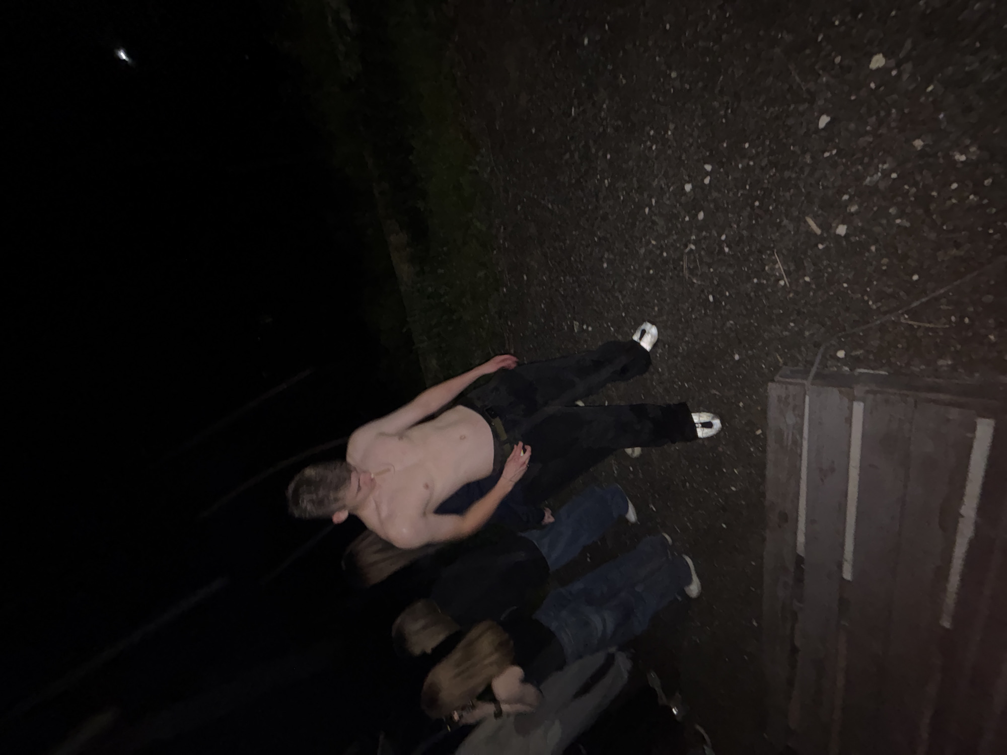 A group of four young people, three females and one male, are gathered outdoors at night, possibly near a wooded area. The male, shirtless and wearing dark pants, stands in the center of the frame, appearing to be the focal point. He is looking down and appears to be holding something near his waist. One female, with long brown hair, stands to his left, wearing a black tank top and blue jeans, holding a phone. Another female, with blonde hair, stands to her left, wearing a dark jacket and blue jeans. A third female, with long blonde hair, is partially visible behind the first female, wearing a dark jacket and blue jeans. In the foreground, a wooden structure, possibly a bench or platform, is visible. The ground is covered in dark gravel. The scene is dimly lit, suggesting it is nighttime. The location is identified as Chaikovsky, Russia, though no specific landmarks confirm this.