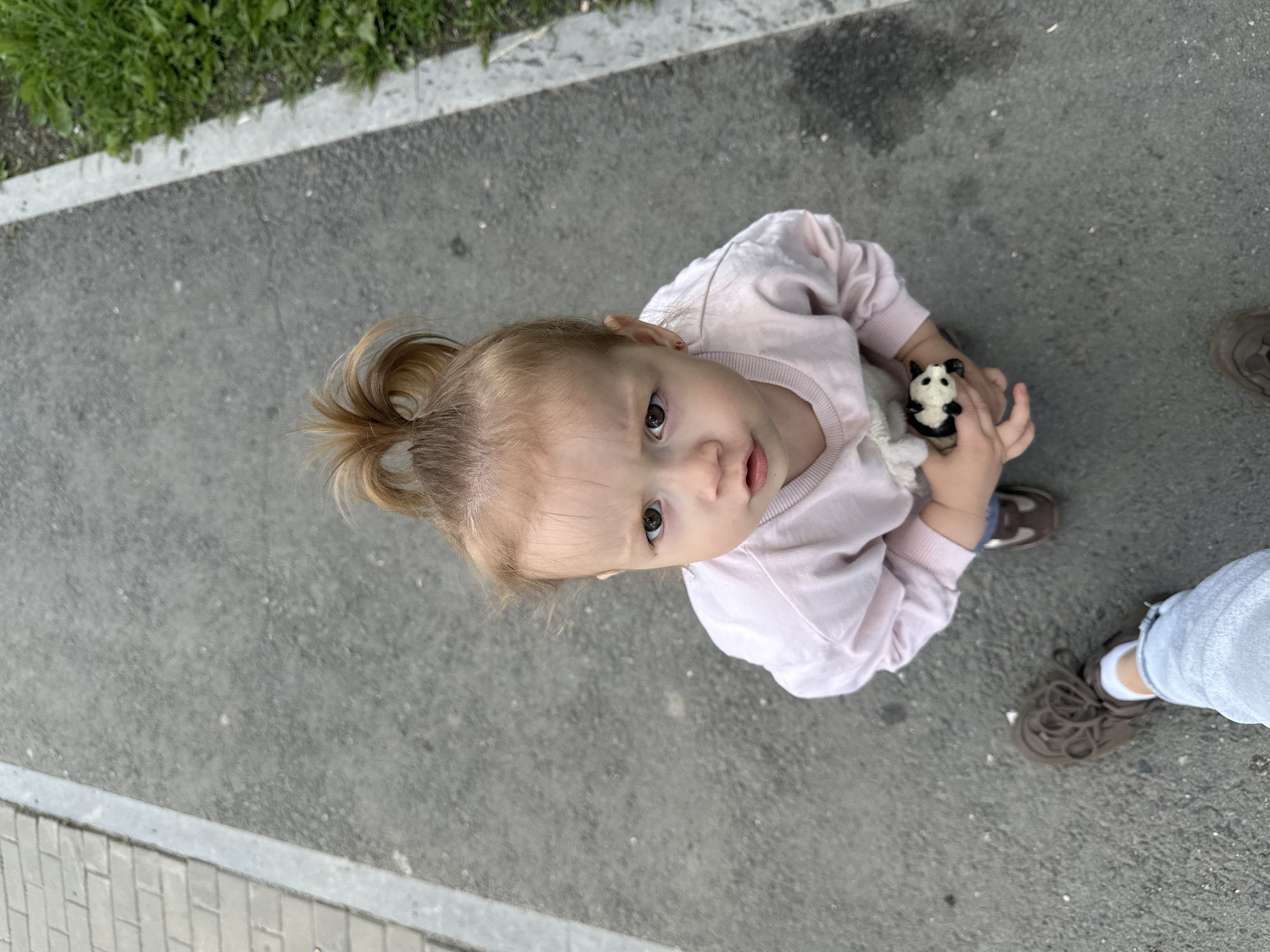A young girl with blonde hair tied in a ponytail is looking up at the camera, holding a small panda toy. She is wearing a pink sweatshirt and blue jeans. She has a serious expression on her face. The girl is standing on an asphalt path, with a strip of grass and a sidewalk made of brick pavers to her left. A person's leg wearing a grey sneaker and light blue jeans is visible in the lower left corner of the image. The scene appears to be a public outdoor space, possibly a park or a pedestrian walkway in Yekaterinburg, Russia.