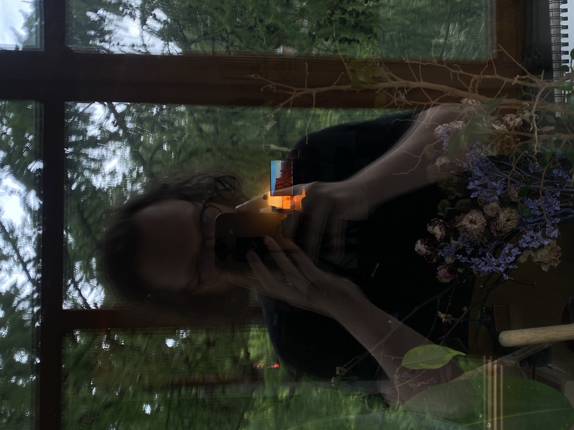 The image depicts a reflection of a person taking a photo with a mobile phone. The individual is positioned inside, facing a window that reflects a view of trees and greenery. In the foreground, there's a bouquet of dried flowers and branches placed on a surface, possibly a table or shelf. The person is wearing a dark-colored shirt. A notebook is also visible in the upper-right corner. The location appears to be indoors, with the window providing a view to the outside.